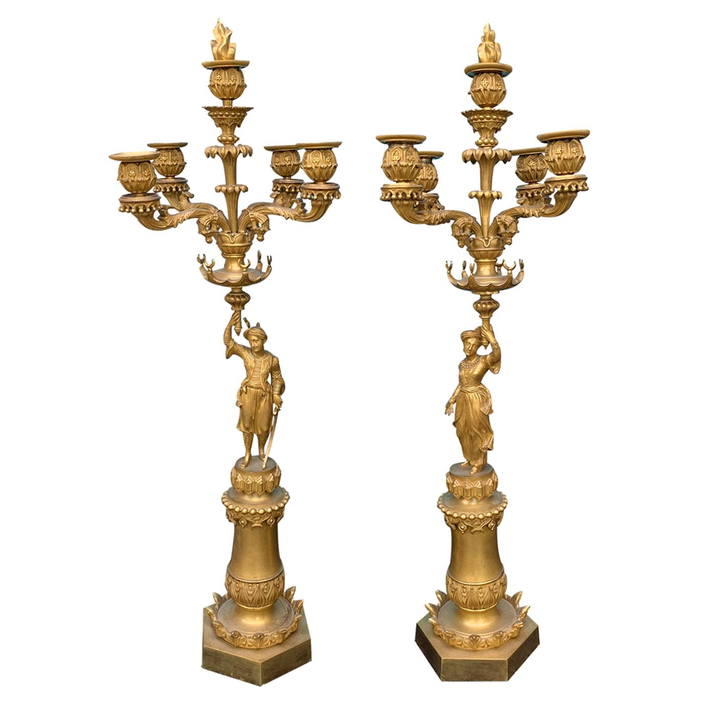 Pair of 19th Century Regency Style Gilt Bronze Four Arm Figural Candelabras For Sale