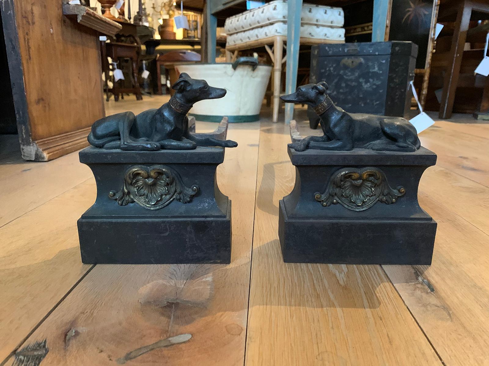 Pair of 19th century Regency style iron whippet andirons.
