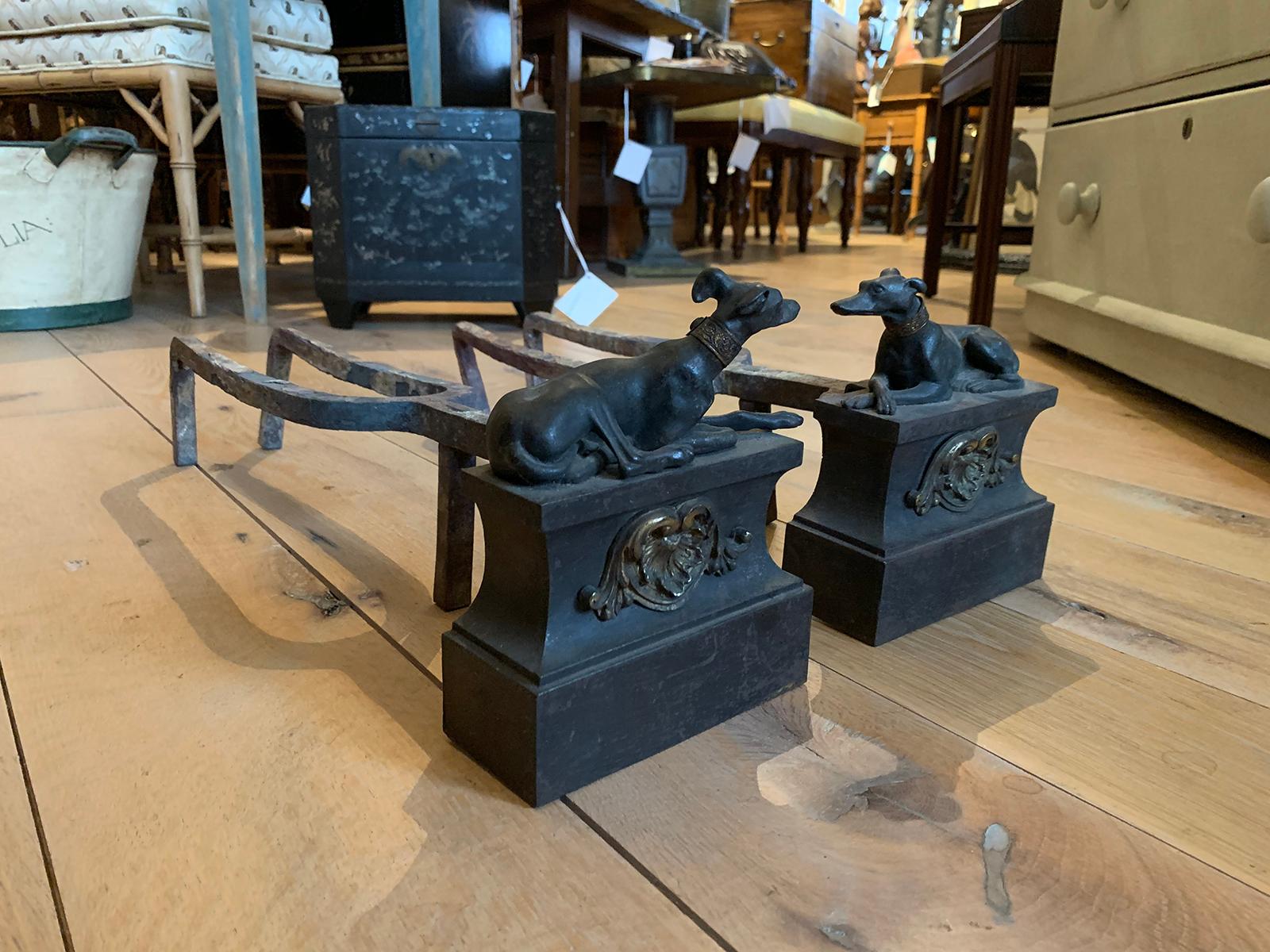 Pair of 19th Century Regency Style Iron Whippet Andirons In Good Condition In Atlanta, GA