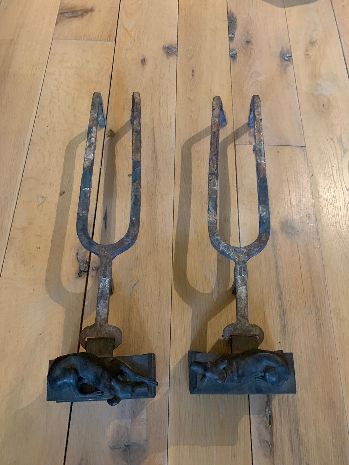 Pair of 19th Century Regency Style Iron Whippet Andirons 1