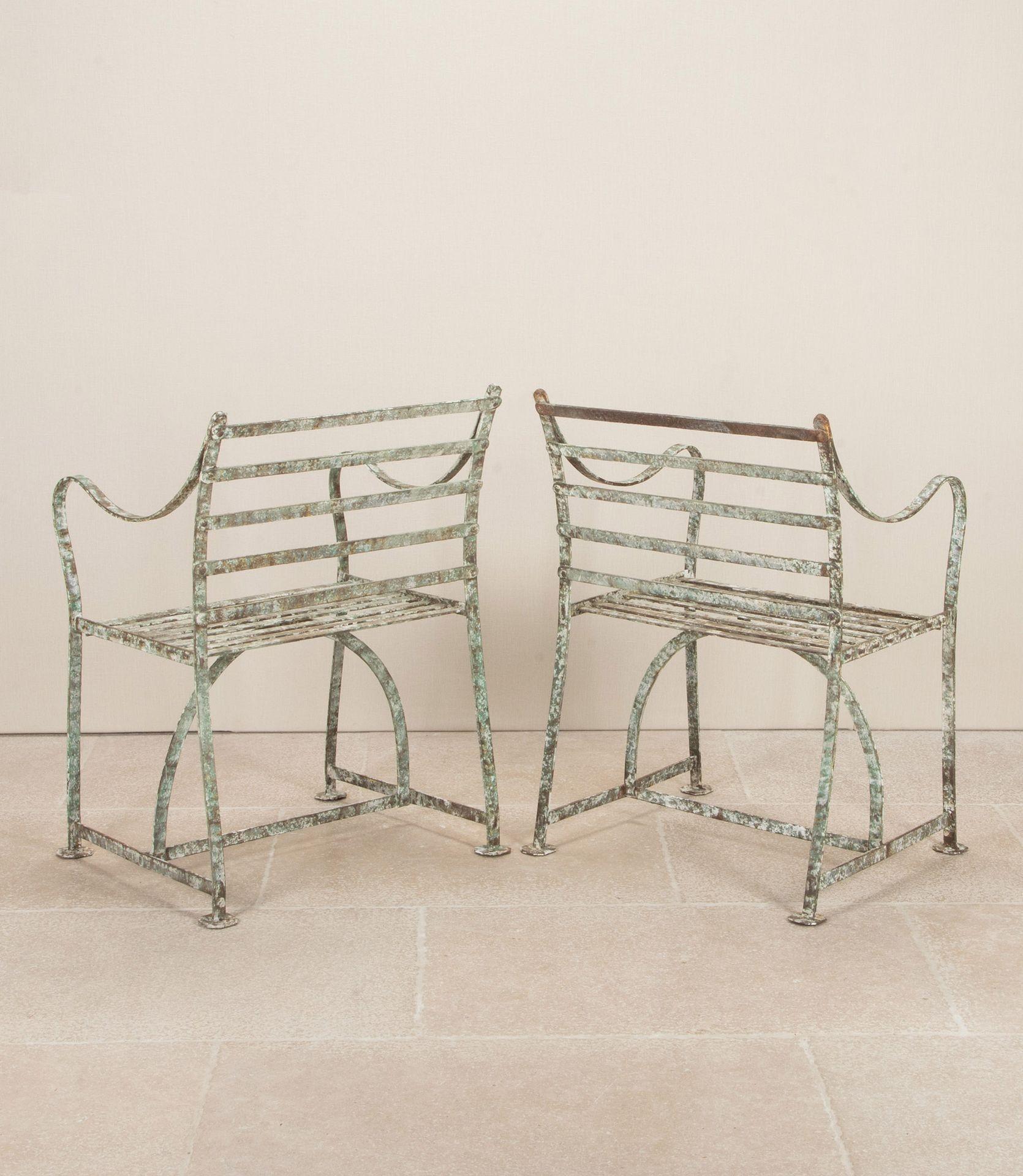 English Pair of 19th Century Regency Wrought Iron Strap Work Garden Seats For Sale