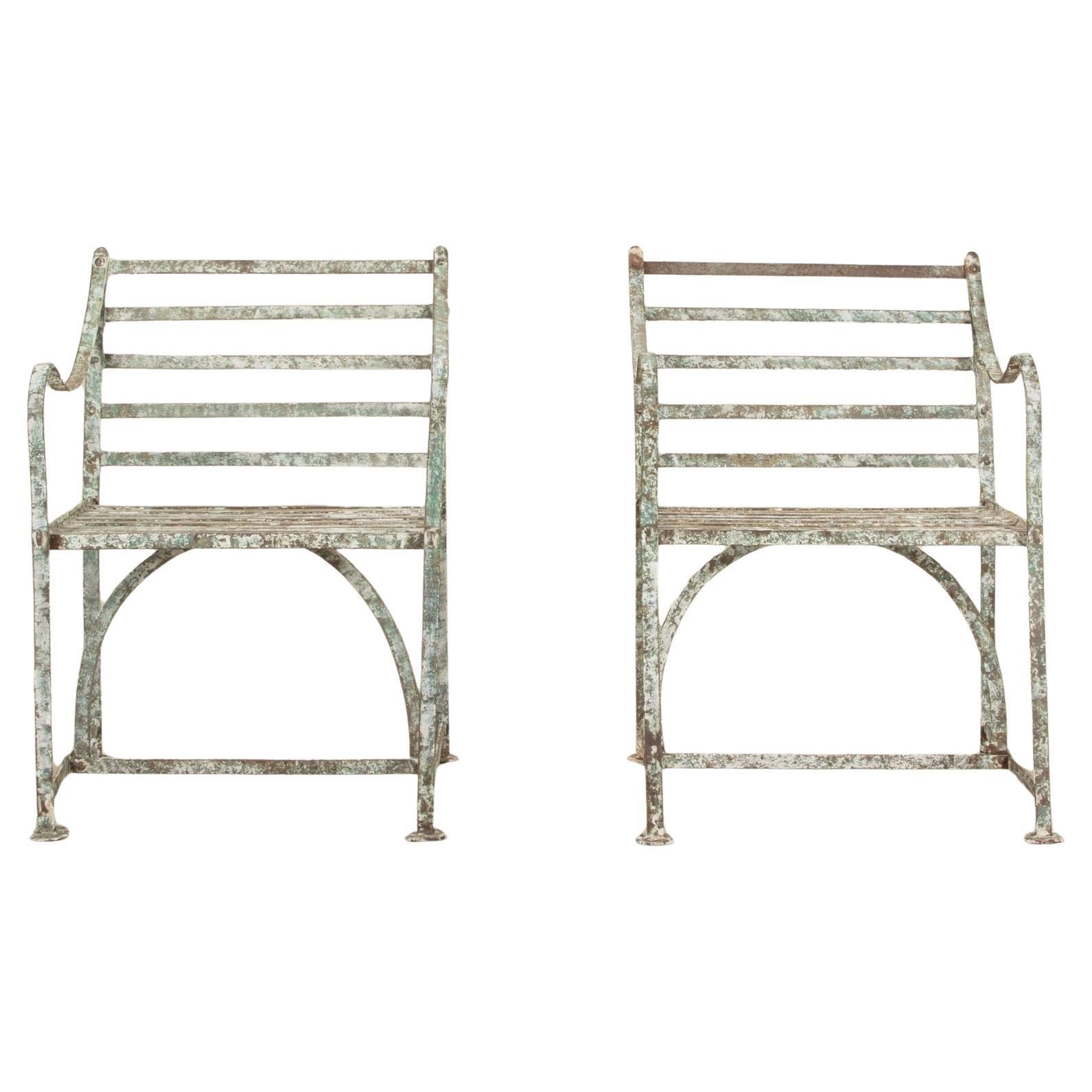 Pair of 19th Century Regency Wrought Iron Strap Work Garden Seats For Sale