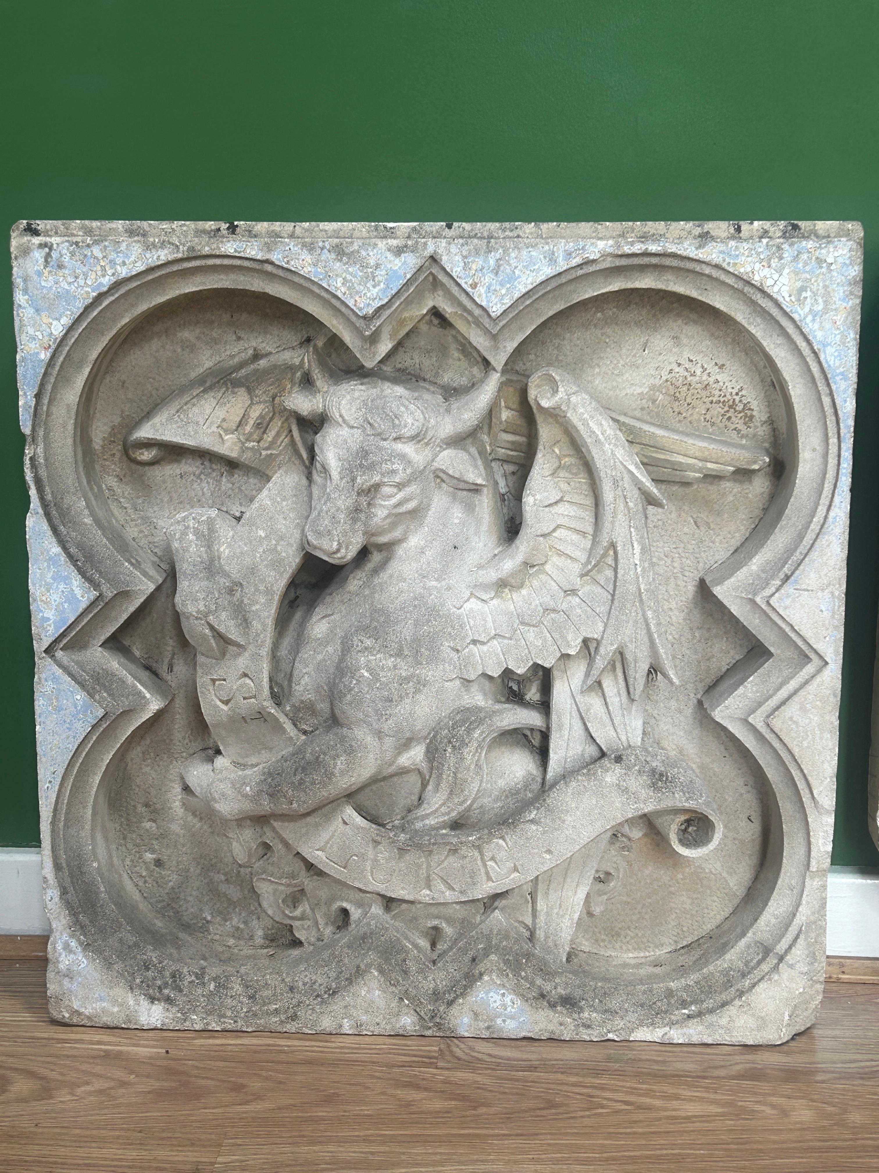 English Pair of 19th Century Religious Carved Stone Church Plaques of St Luke & St John For Sale