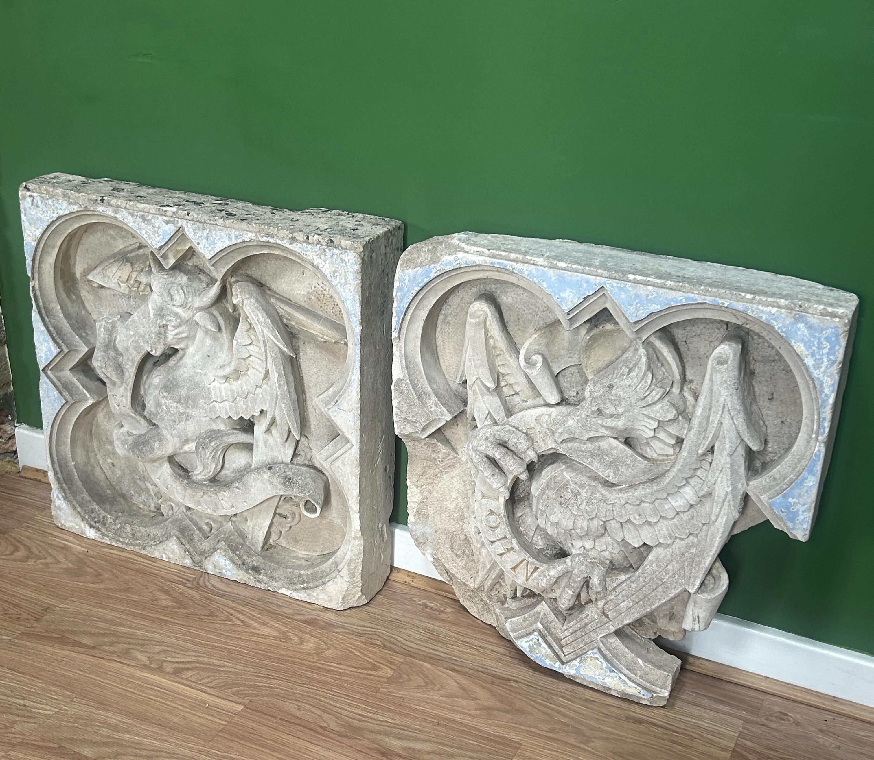Pair of 19th Century Religious Carved Stone Church Plaques of St Luke & St John For Sale 1