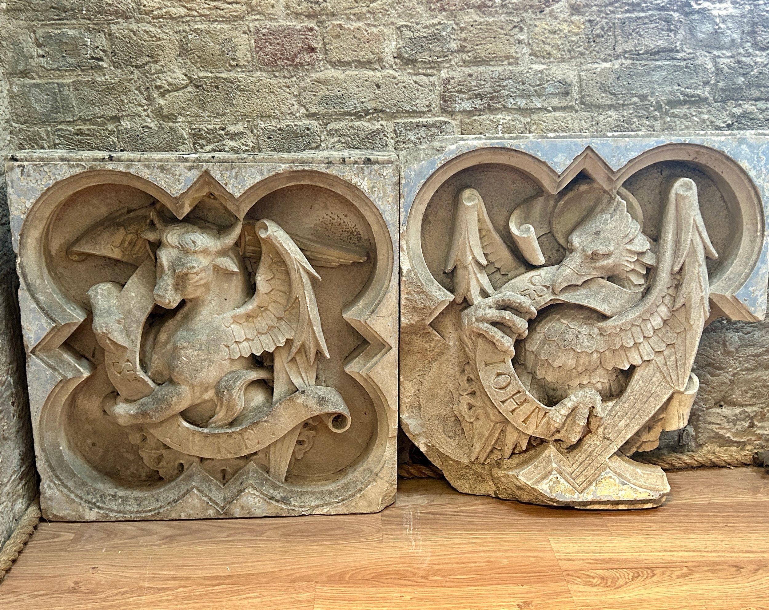 Pair of 19th Century Religious Carved Stone Church Plaques of St Luke & St John For Sale 4