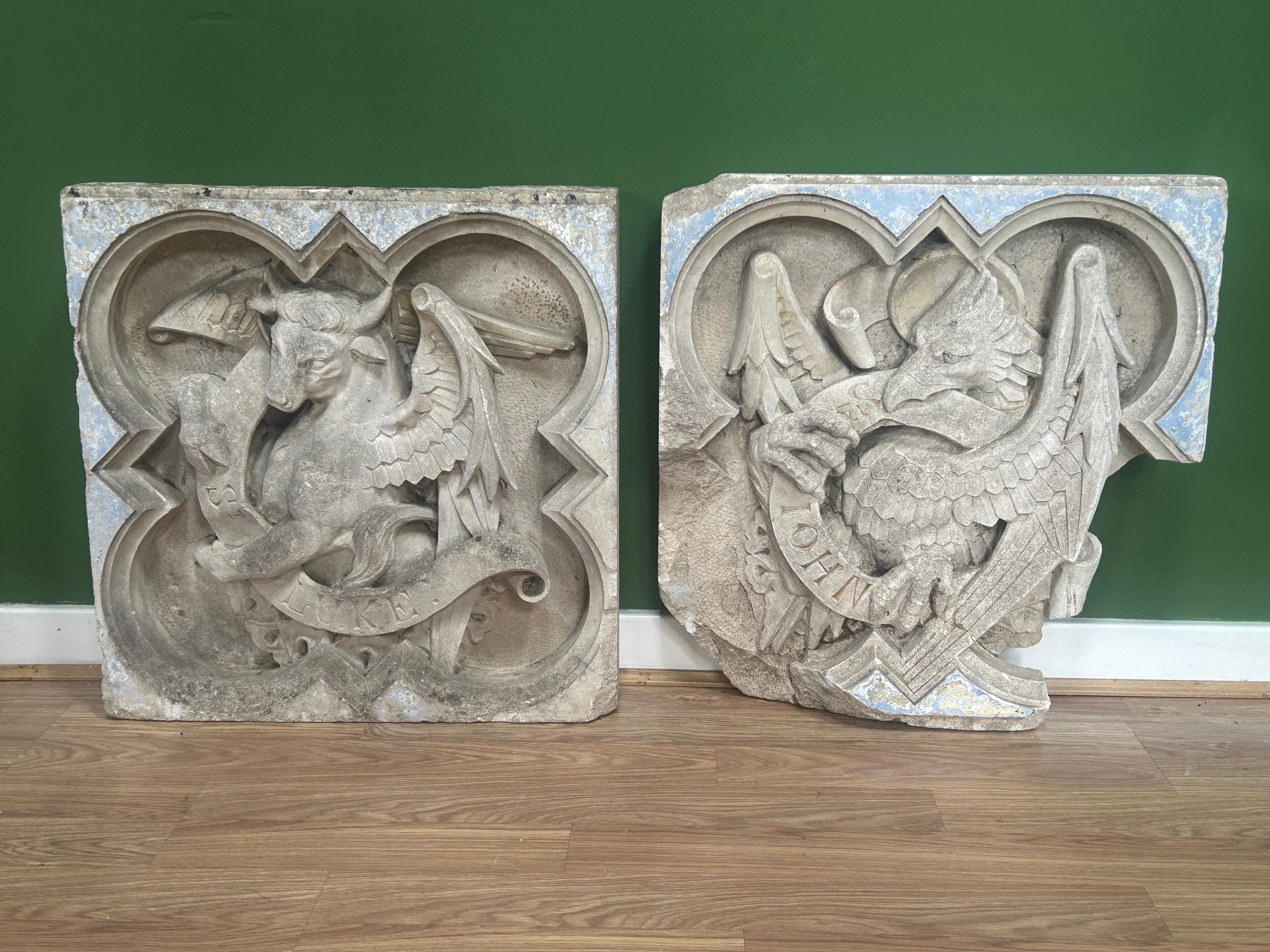 Gothic Revival Pair of 19th Century Religious Carved Stone Church Plaques of St Luke & St John For Sale