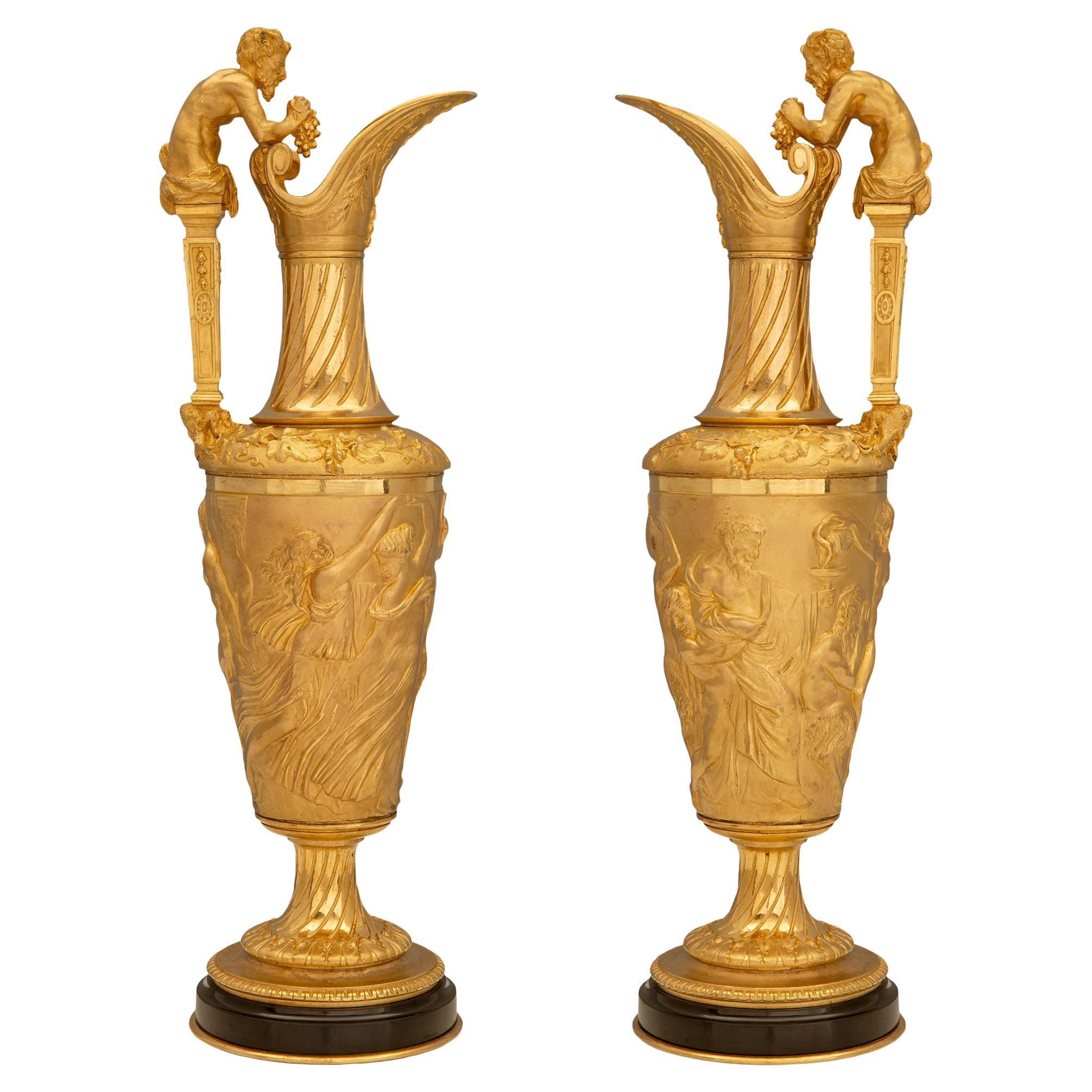 Pair of 19th Century Renaissance Style Ormolu and Black Belgian Marble Ewers For Sale