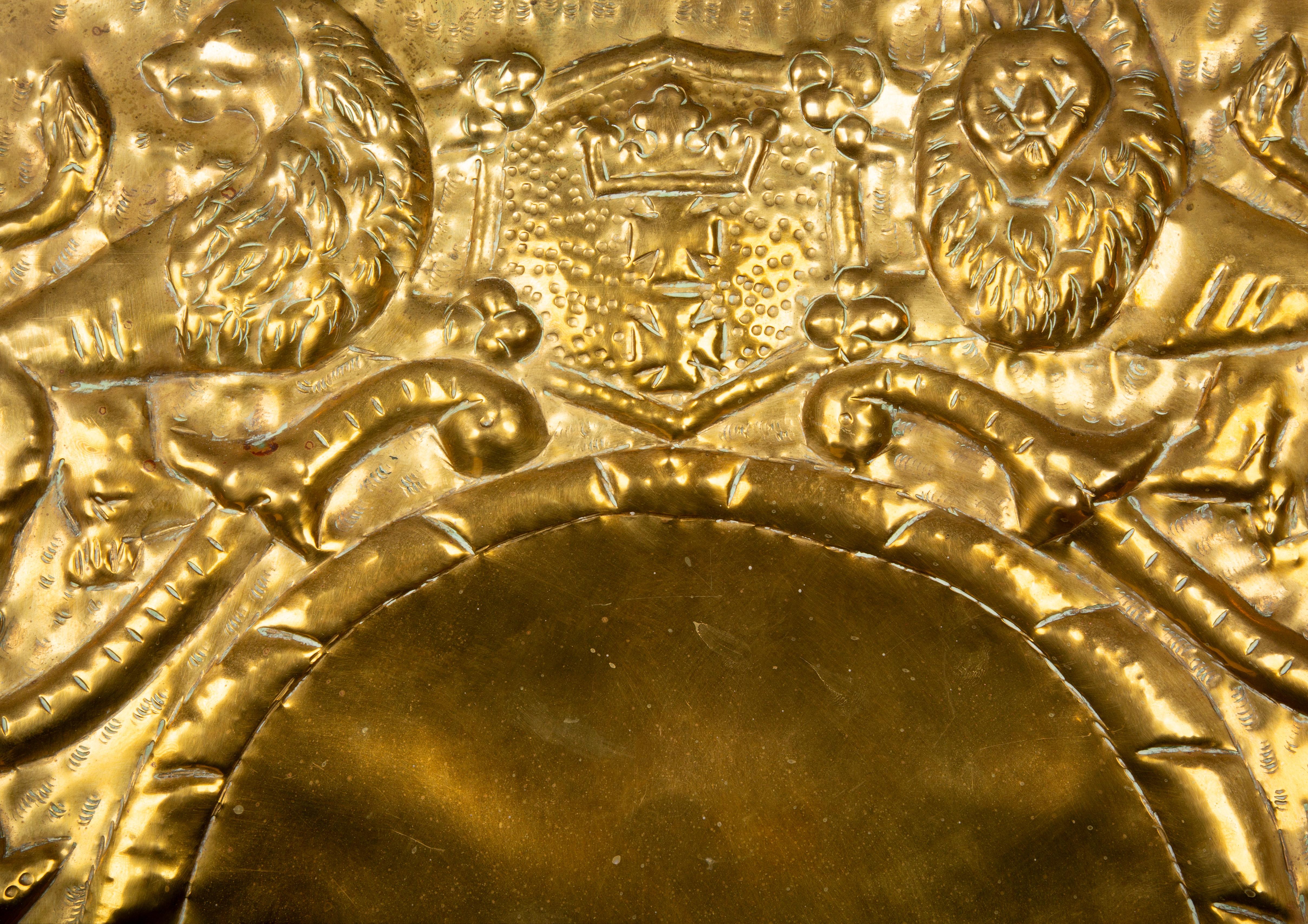 Elizabethan Pair of 19th Century Repousse Brass Candle Wall Sconces w/ Heraldic Coat of Arms