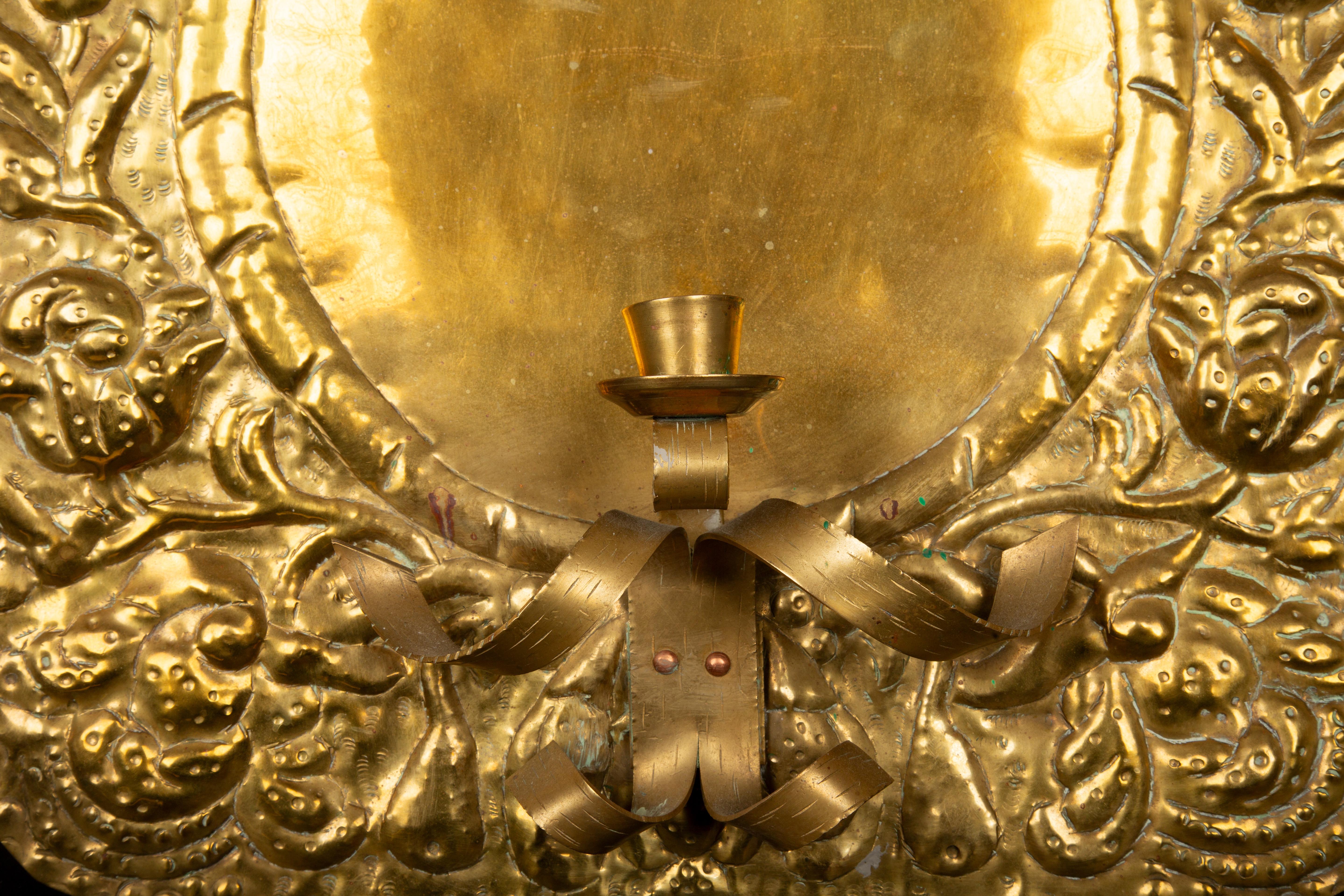 English Pair of 19th Century Repousse Brass Candle Wall Sconces w/ Heraldic Coat of Arms