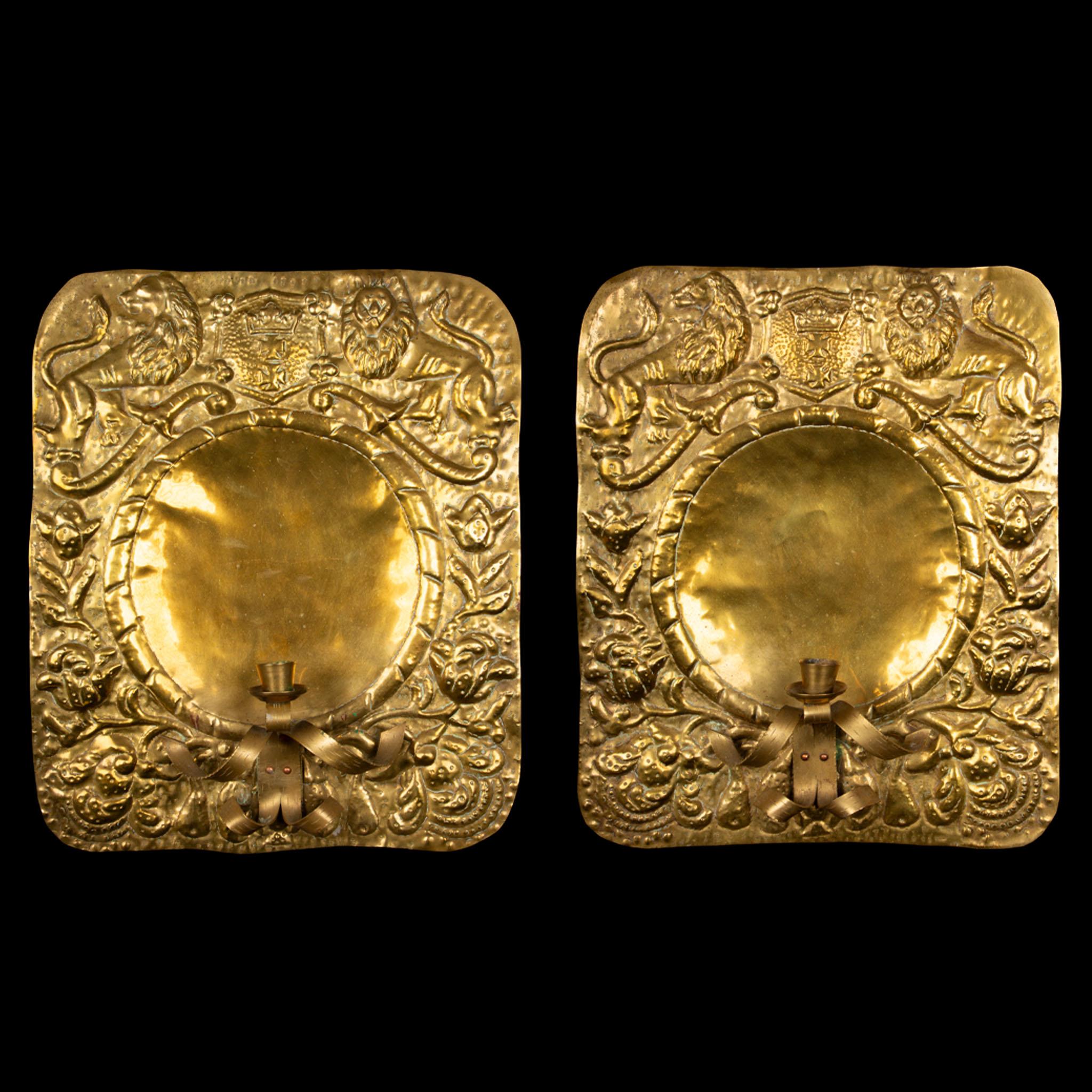 Pair of 19th Century Repousse Brass Candle Wall Sconces w/ Heraldic Coat of Arms 4