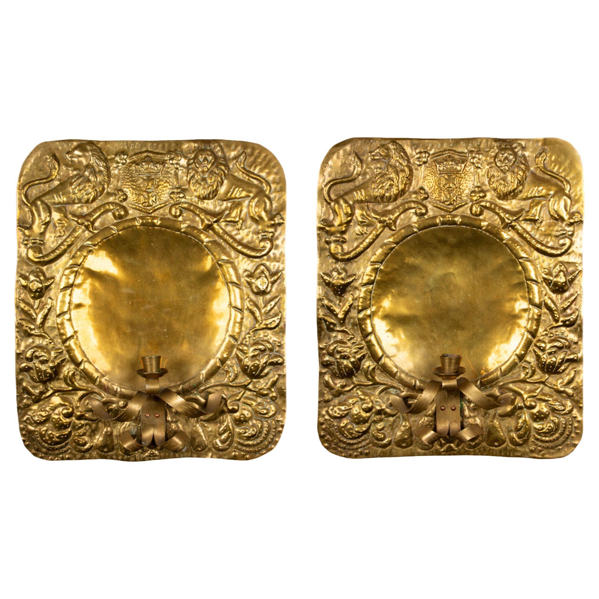 Pair of 19th Century Repousse Brass Candle Wall Sconces w/ Heraldic Coat of Arms For Sale