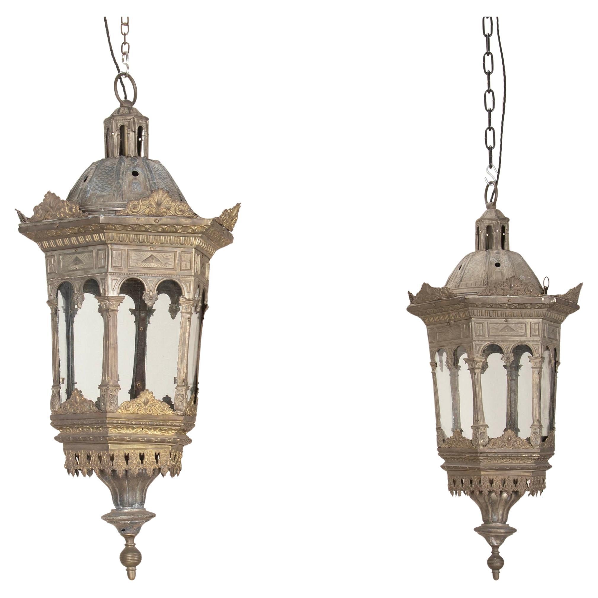 Pair of 19th Century Repousse Brass Hall Lanterns in the Moorish Taste For Sale