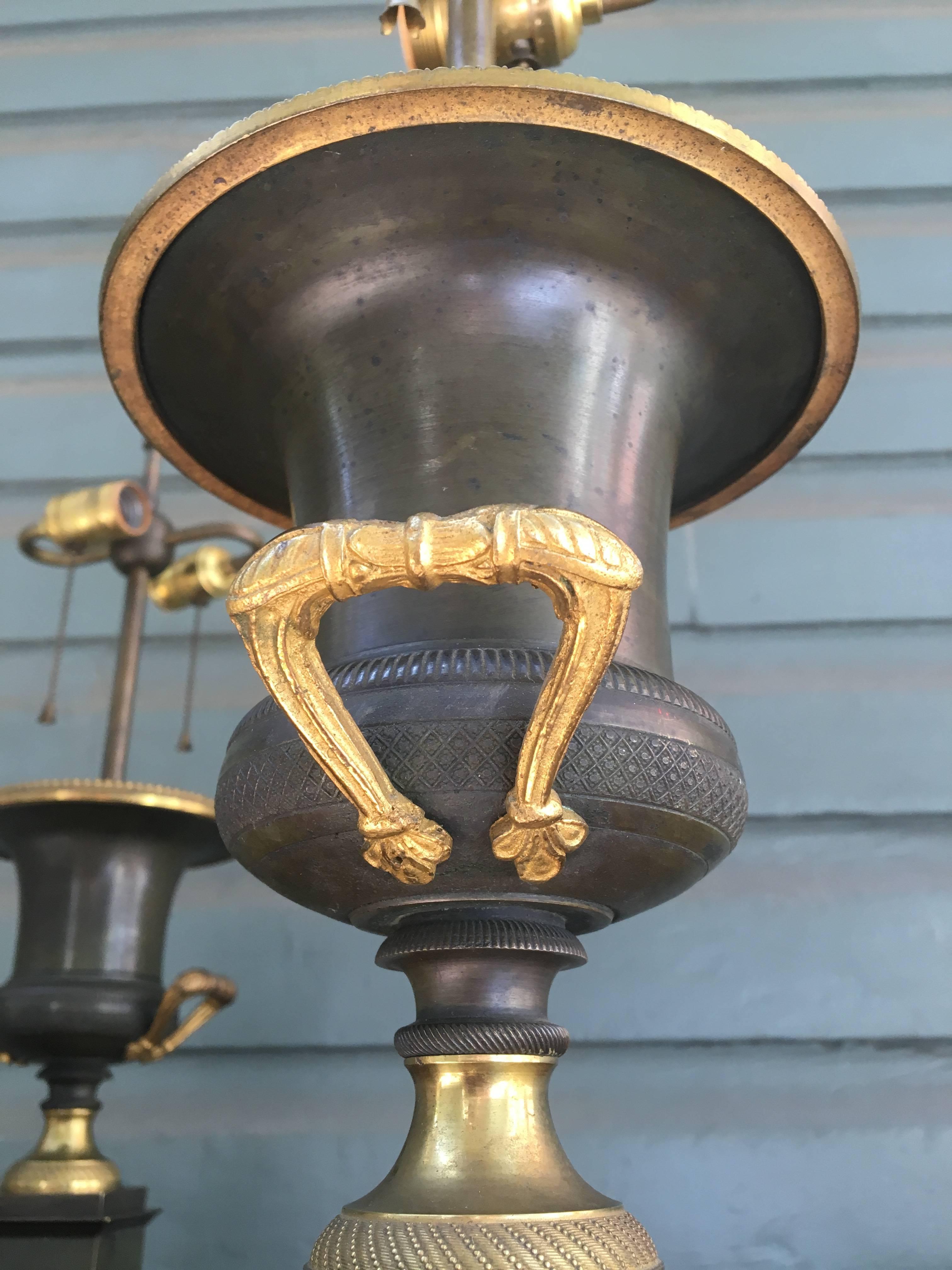 Bronze Pair of 19th Century Restoration Urns Transformed into Lamps