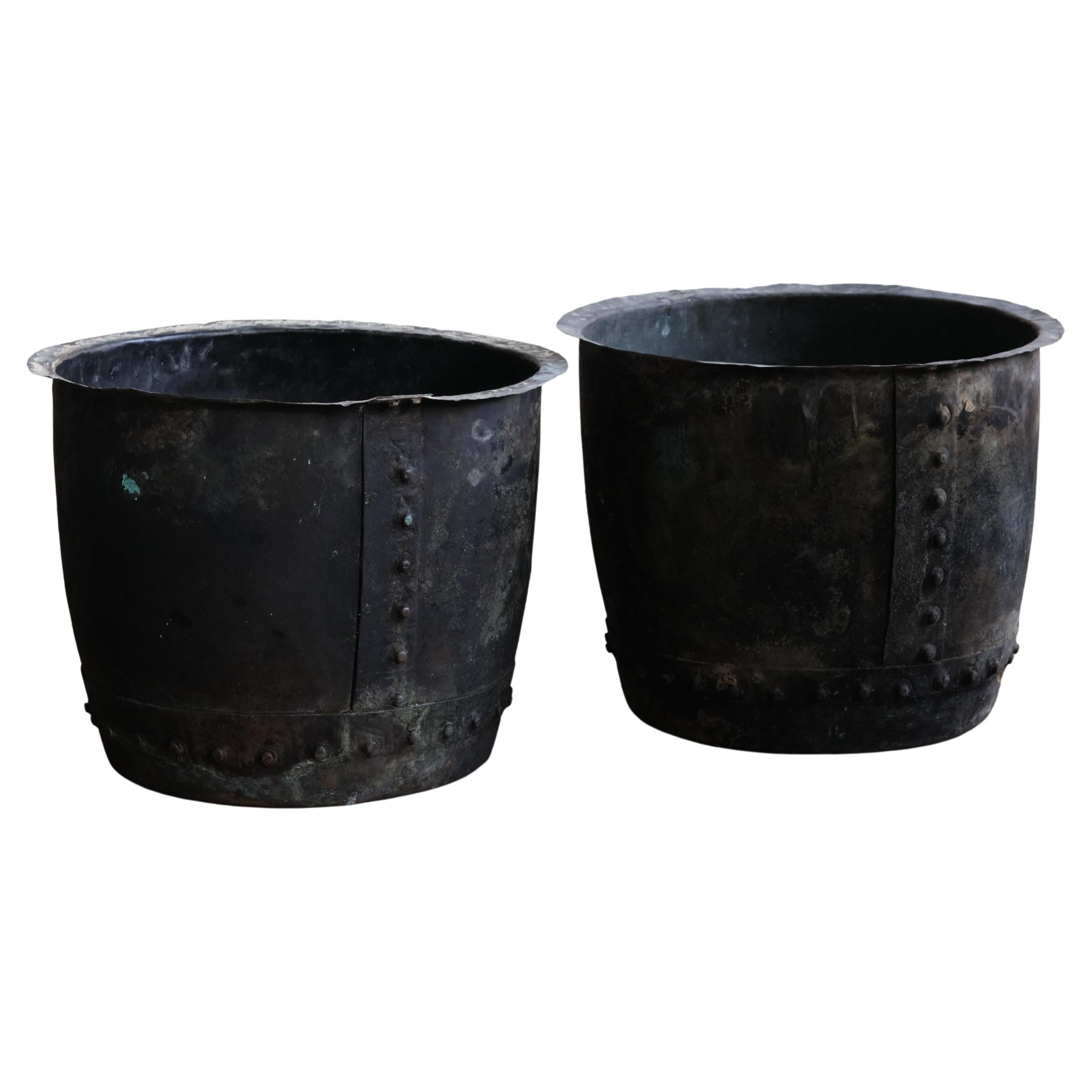 Pair of 19th Century Riveted Copper Pots For Sale