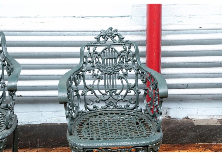 Belle Époque Pair of 19th Century Robert Wood Painted Cast Iron Garden Chairs For Sale