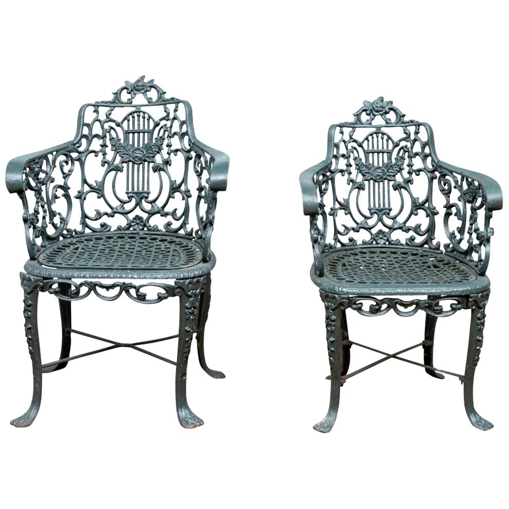 Pair of 19th Century Robert Wood Painted Cast Iron Garden Chairs