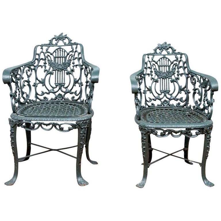 Pair of 19th Century Robert Wood Painted Cast Iron Garden Chairs For Sale