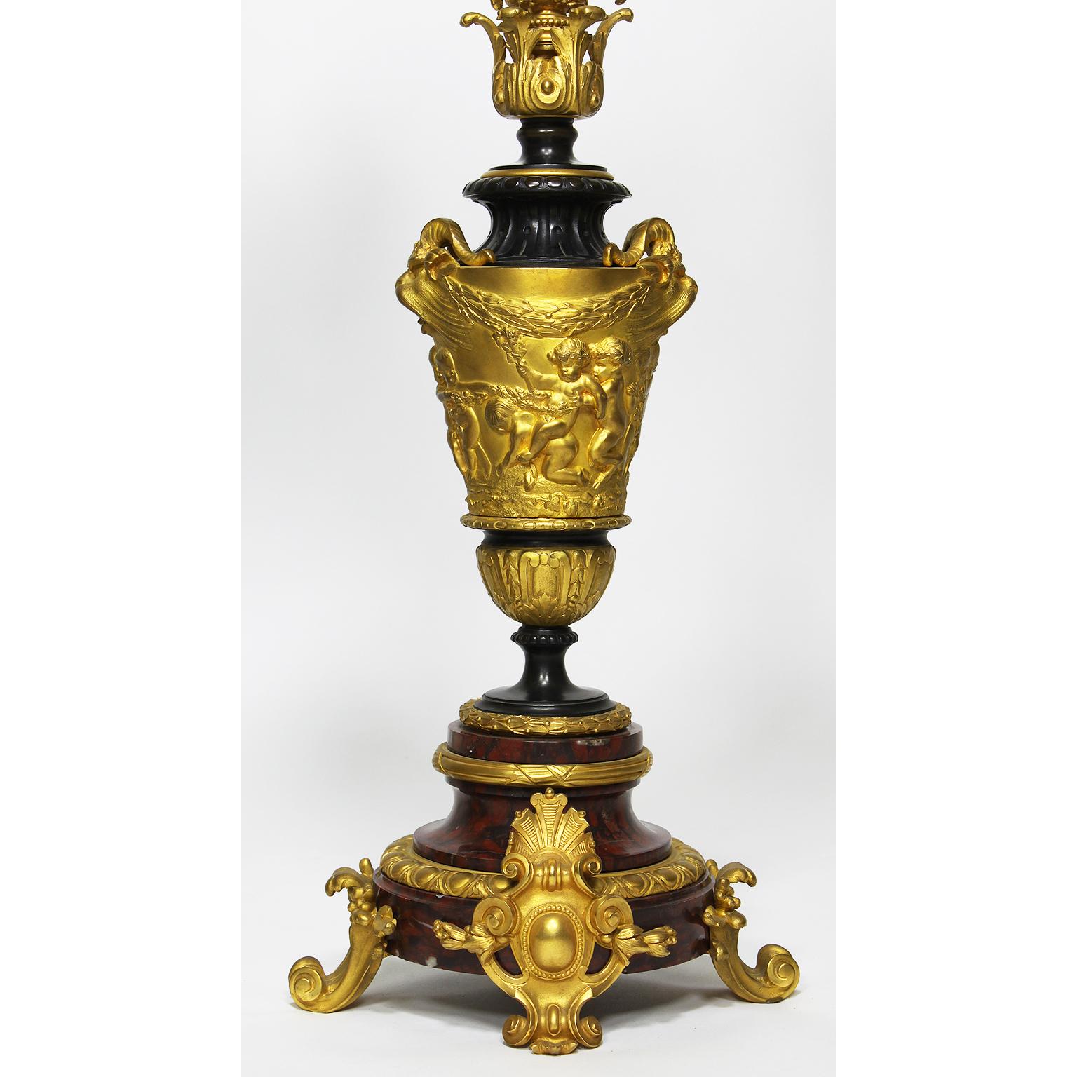 French Pair of 19th Century Rococo Ormolu & Griotte Marble Candelabra, Barbedienne For Sale