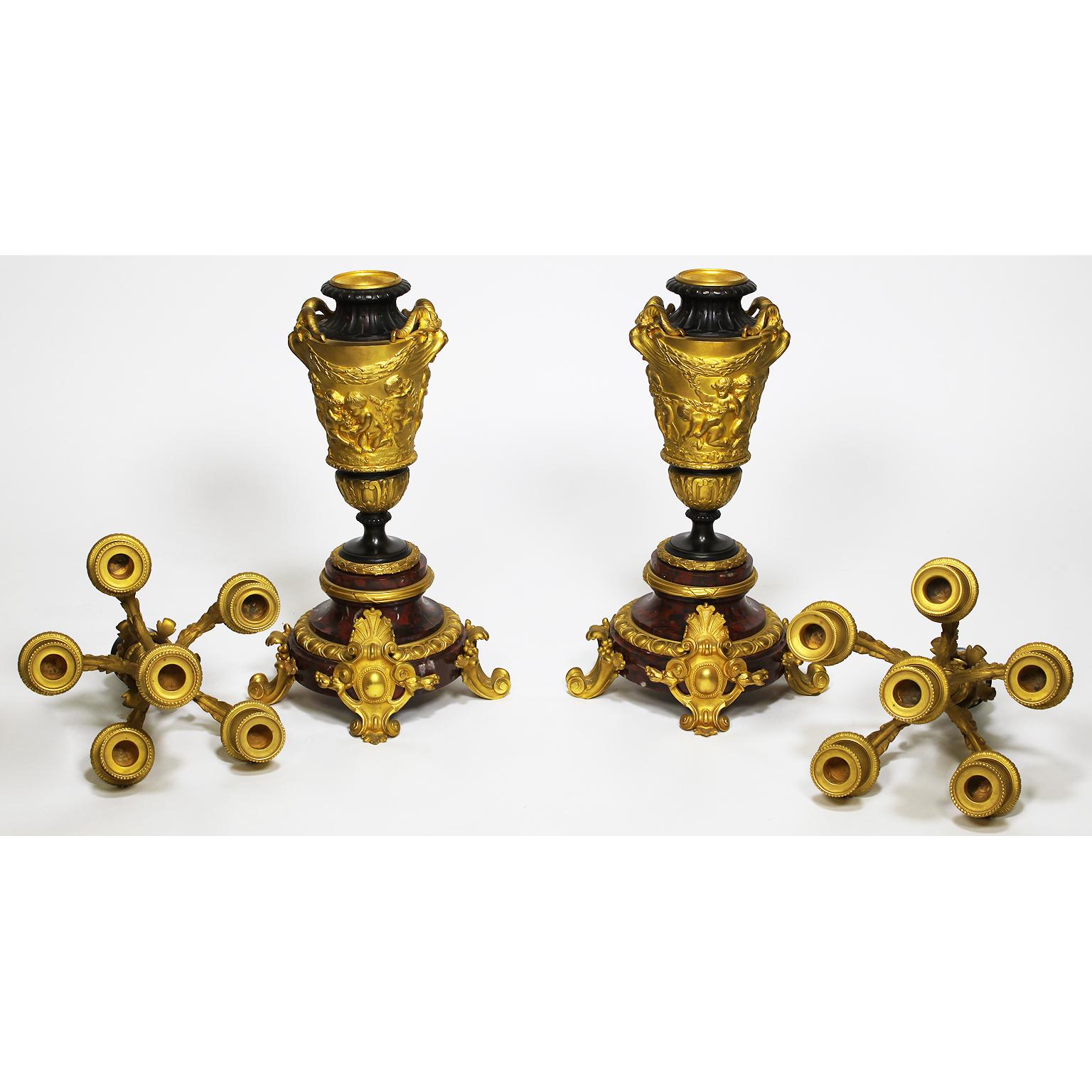 Bronze Pair of 19th Century Rococo Ormolu & Griotte Marble Candelabra, Barbedienne For Sale