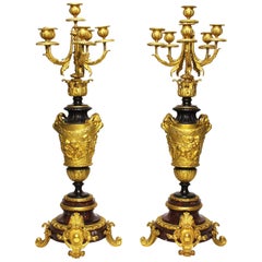 Antique Pair of 19th Century Rococo Ormolu & Griotte Marble Candelabra, Barbedienne