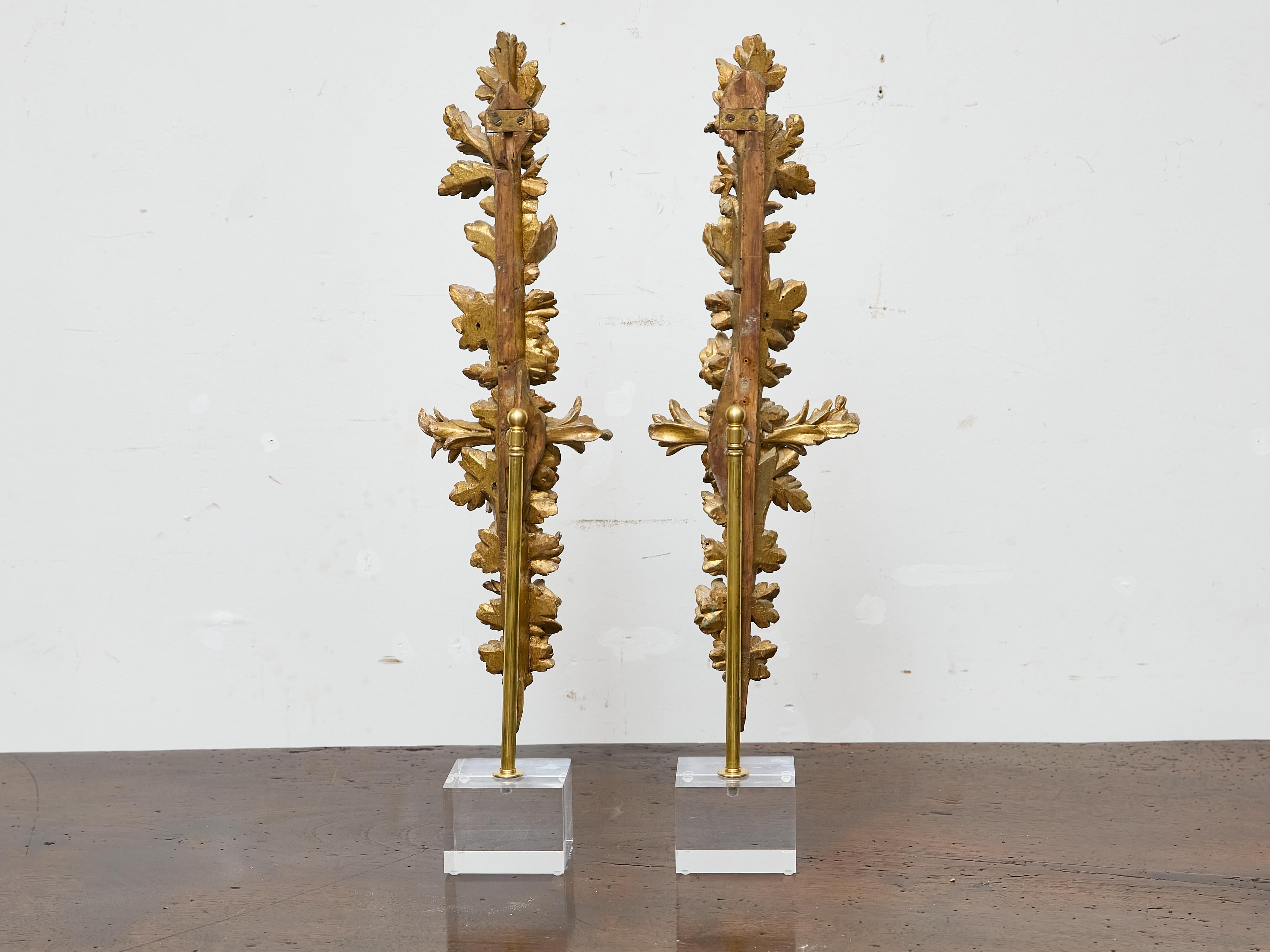 Francese Coppia di sculture floreali in legno dorato del XIX secolo in stile rococò su basi in lucite in vendita