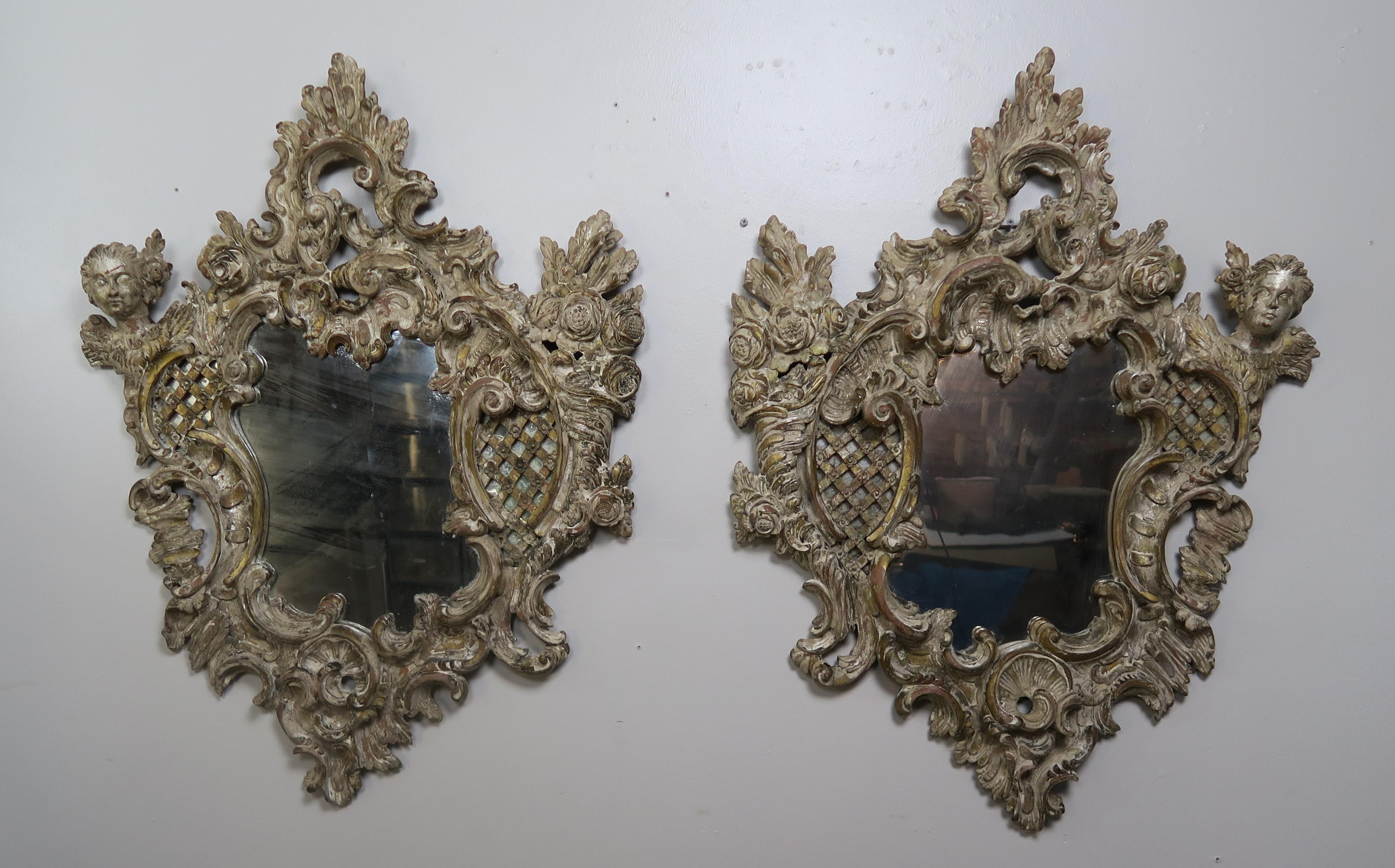 Pair of 19th Century Rococo Style Italian Carved Mirrors with Cherubs 5