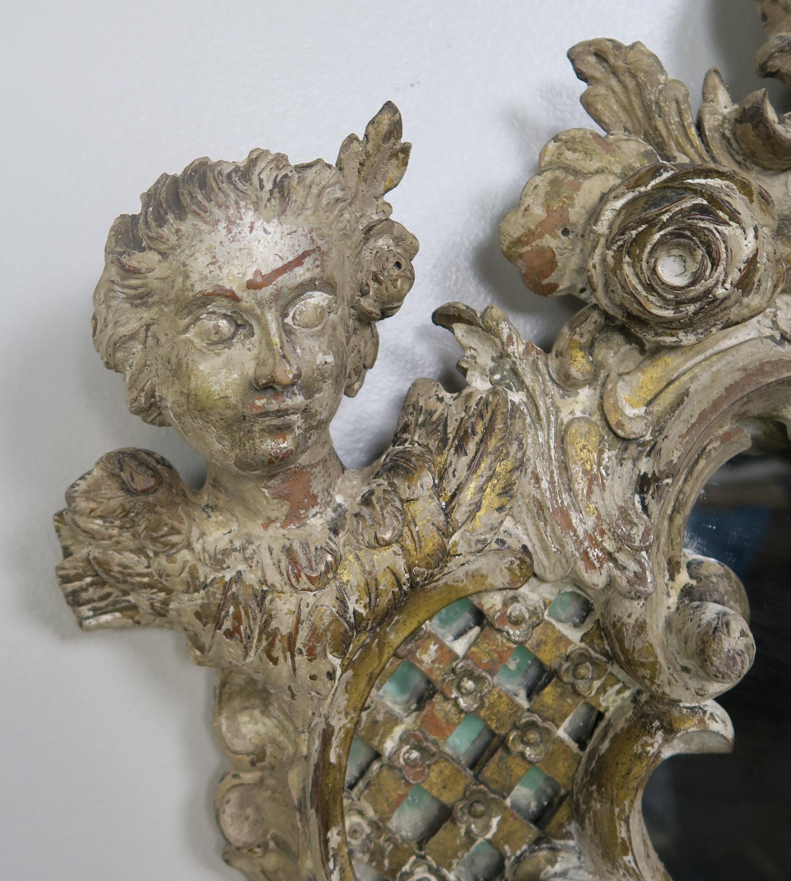 Hand-Carved Pair of 19th Century Rococo Style Italian Carved Mirrors with Cherubs