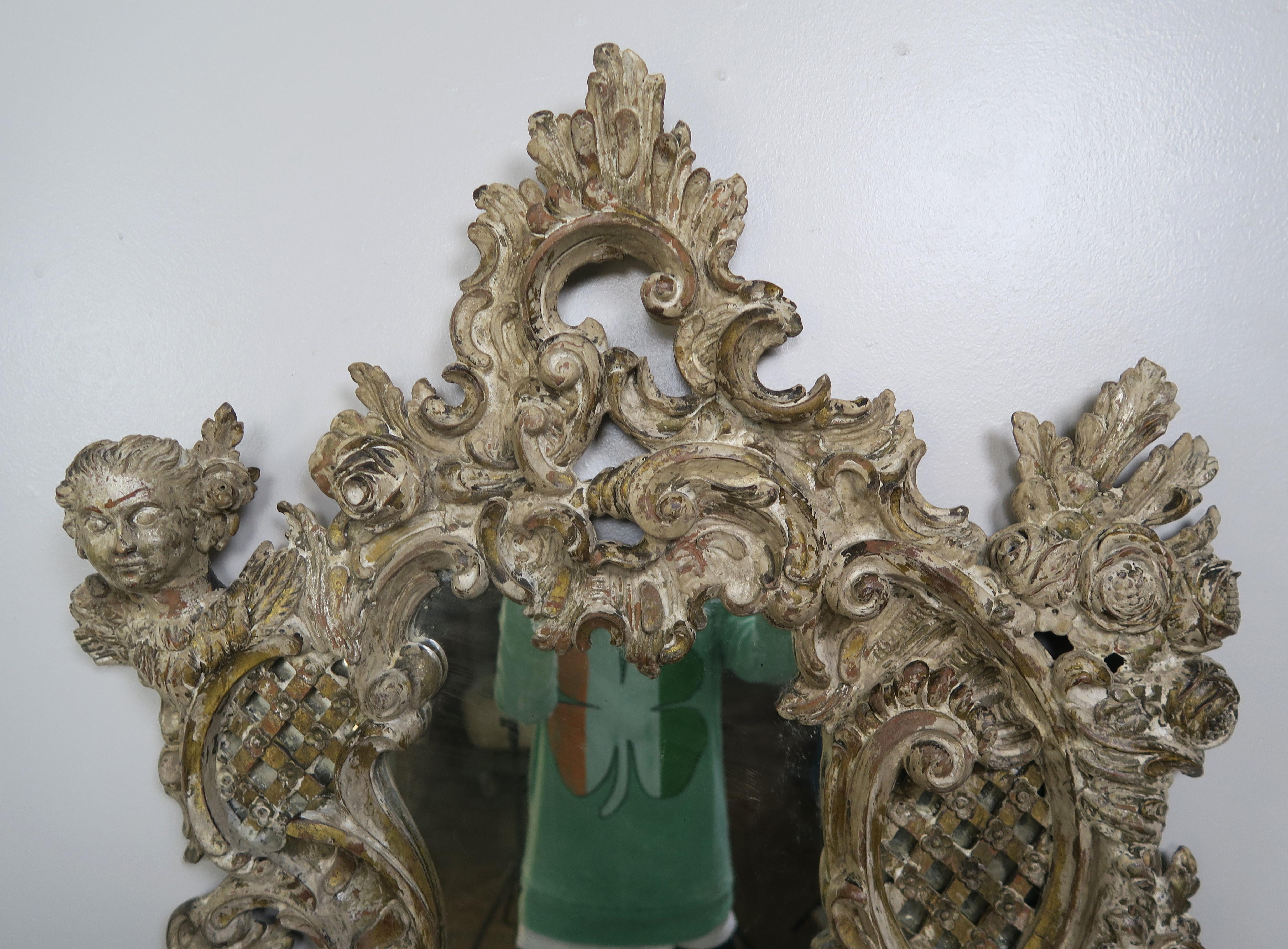 Wood Pair of 19th Century Rococo Style Italian Carved Mirrors with Cherubs
