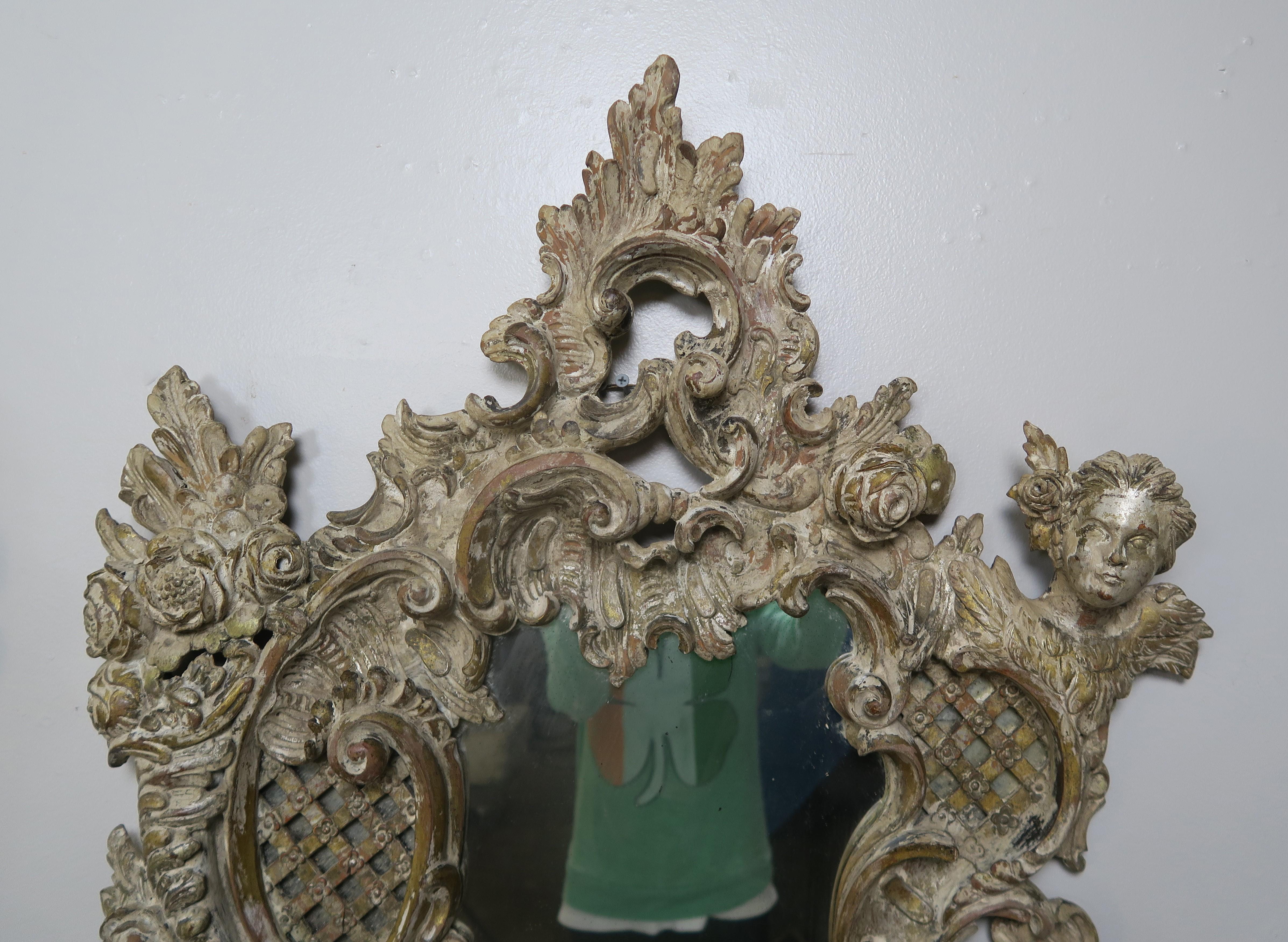 Pair of 19th Century Rococo Style Italian Carved Mirrors with Cherubs 1