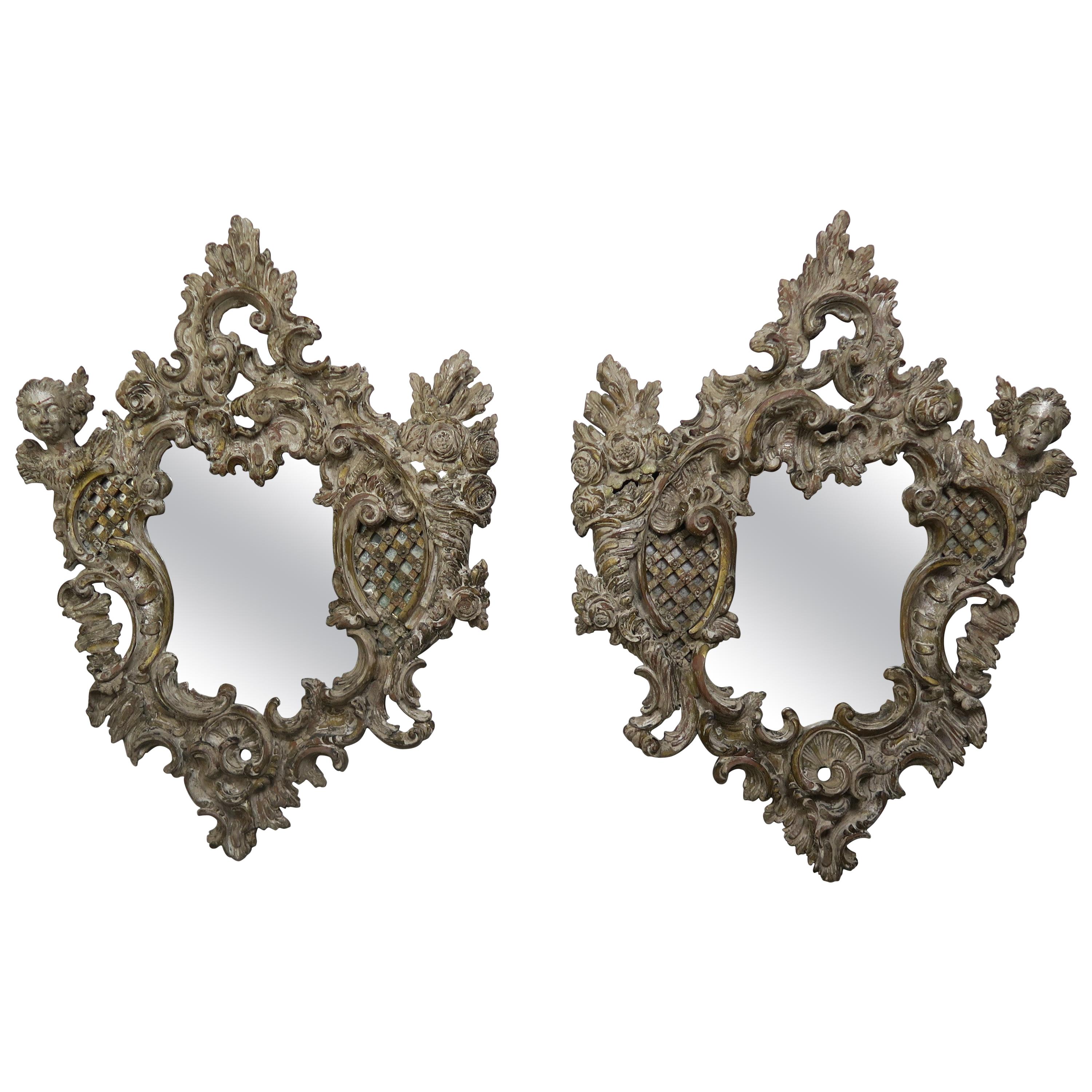 Pair of 19th Century Rococo Style Italian Carved Mirrors with Cherubs
