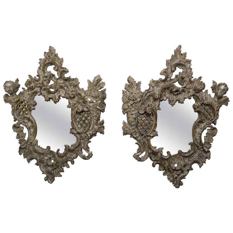 Pair of 19th Century Rococo Style Italian Carved Mirrors with Cherubs ...