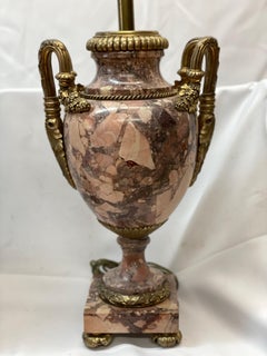 Pair of 19th C. Rose Colored French Gilded Marble Table Lamps