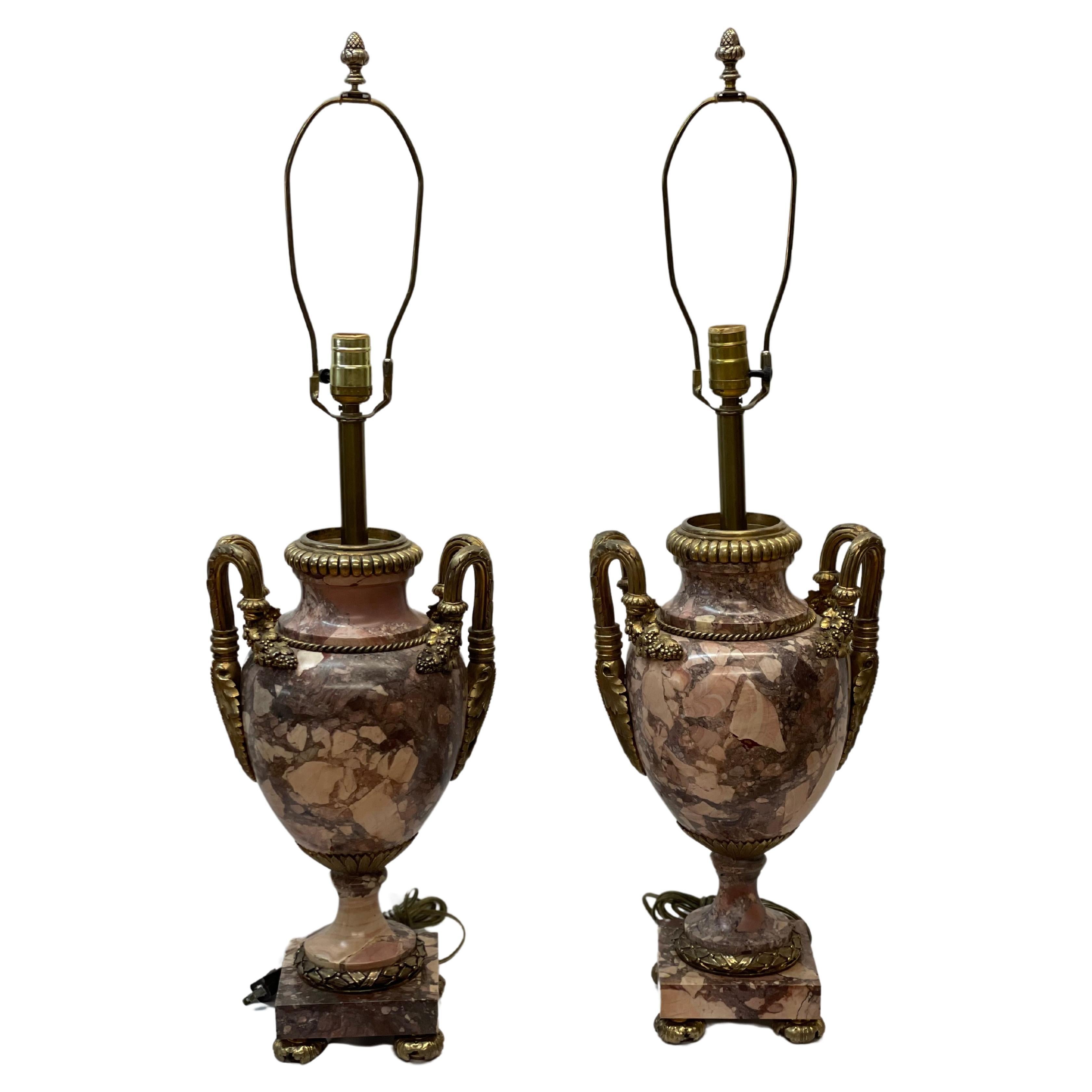 Pair of 19th century rogue colored French gilded marble lamp For Sale