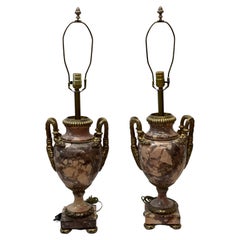 Antique Pair of 19th C. Rose Colored French Gilded Marble Table Lamps