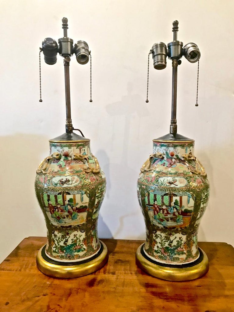 Pair of 19th Century Rose Canton Lamps For Sale at 1stdibs