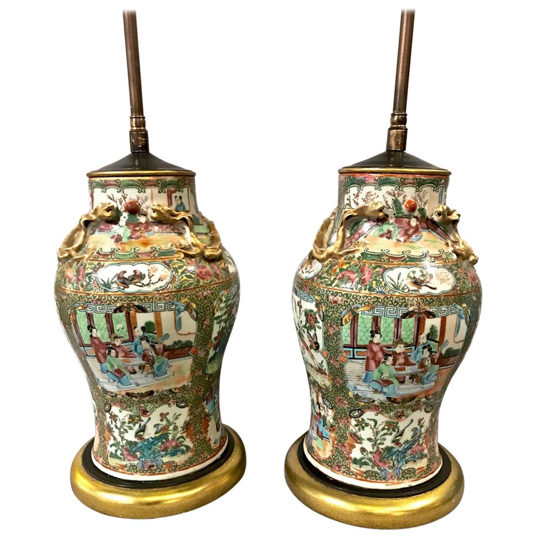 Pair of 19th Century Rose Canton Medallion Lamps