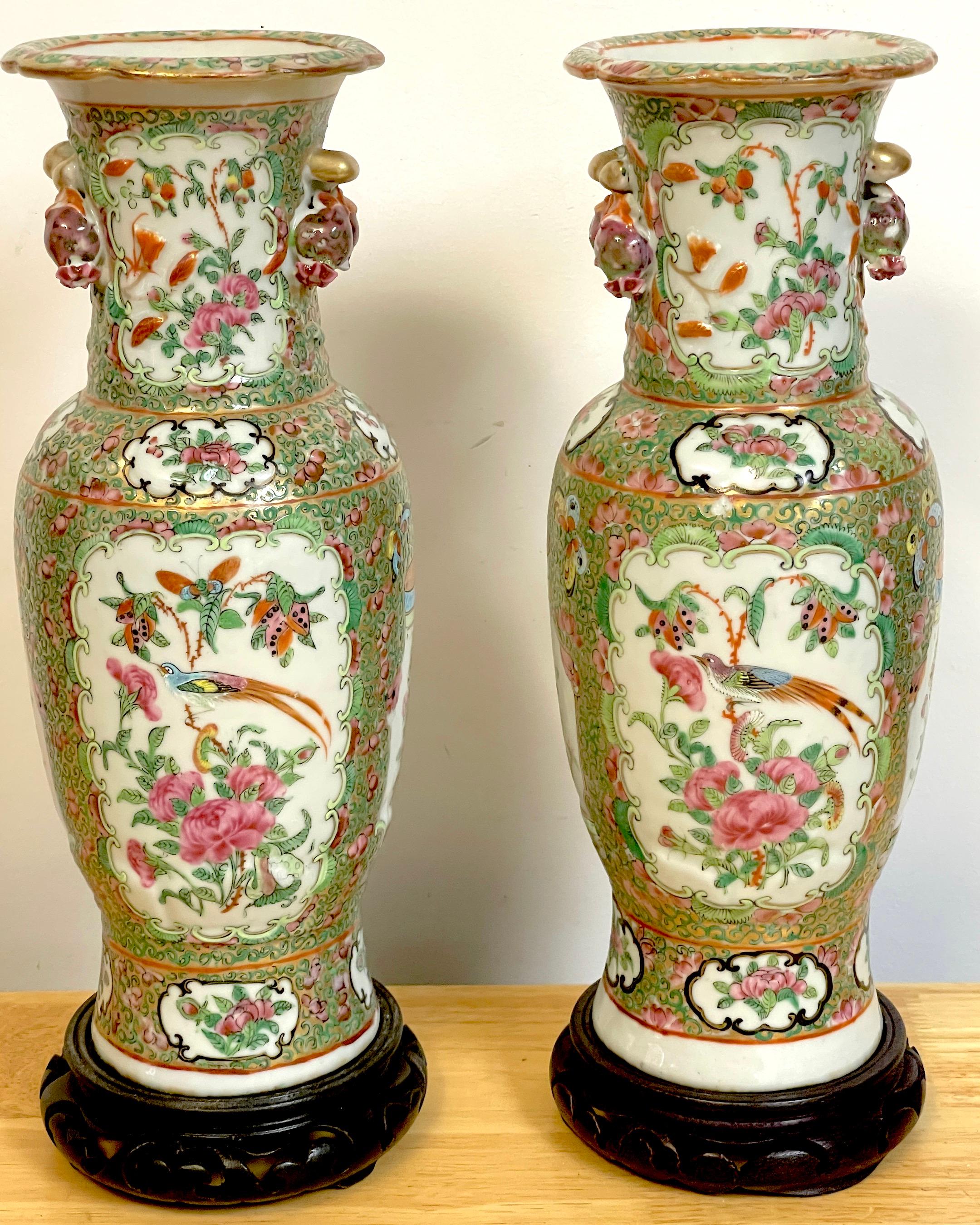 Carved Pair of 19th Century Rose Canton Vases & Stands