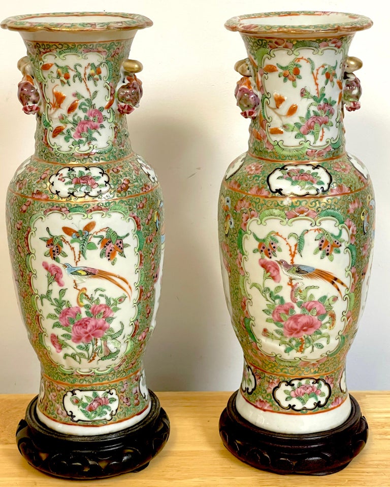 Carved Pair of 19th Century Rose Canton Vases & Stands For Sale