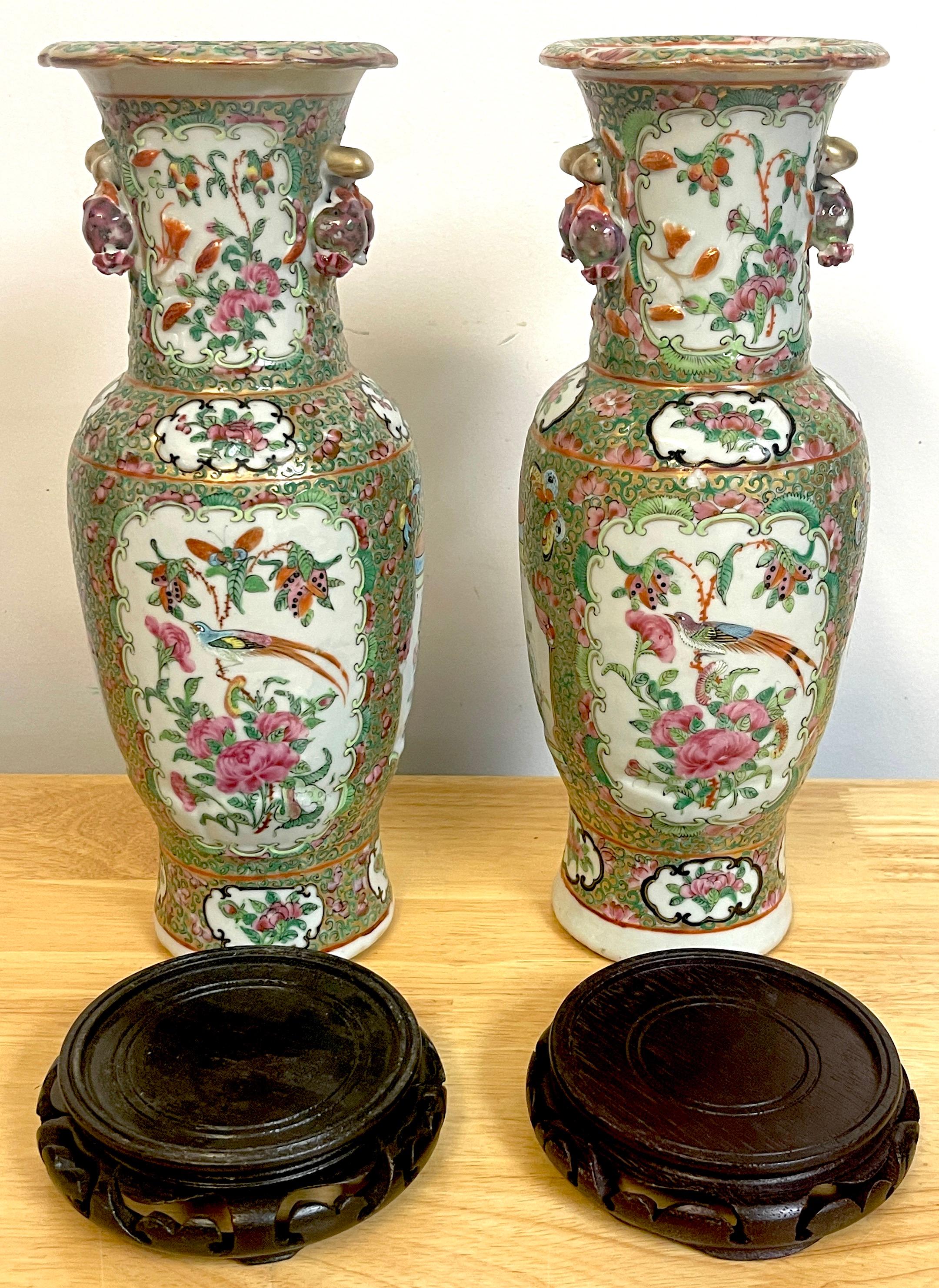 Porcelain Pair of 19th Century Rose Canton Vases & Stands
