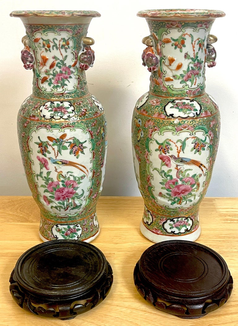 Porcelain Pair of 19th Century Rose Canton Vases & Stands For Sale