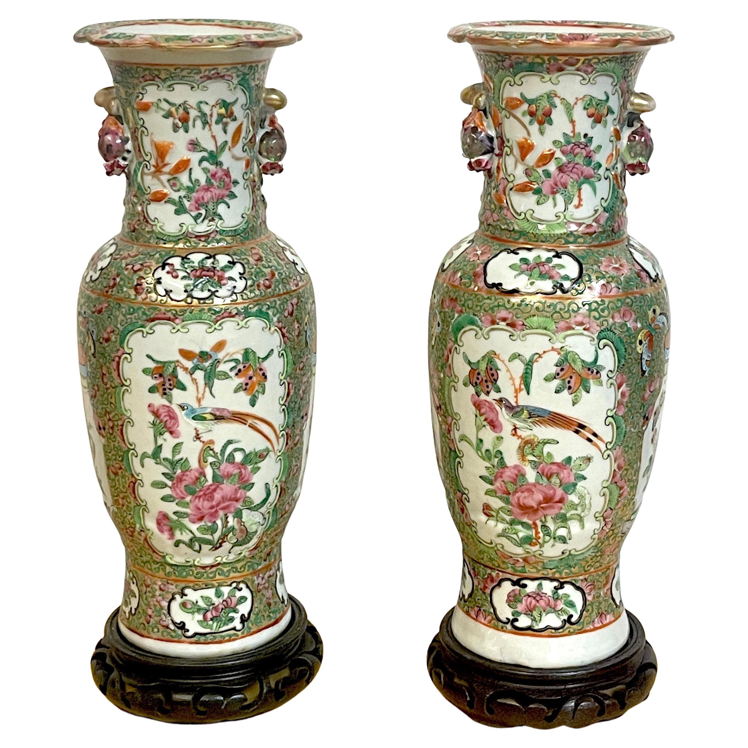 A Pair Canton Vases with Lions in Relief 19th Century at 1stDibs