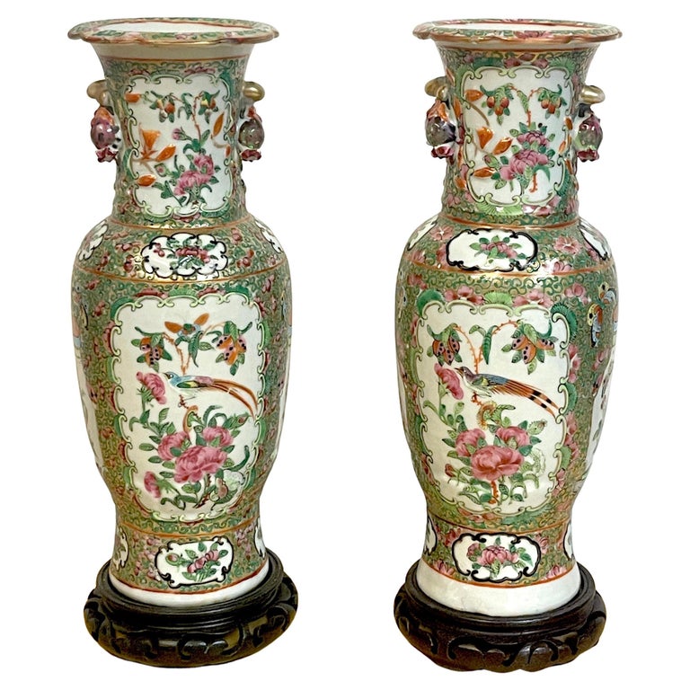 Pair of 19th Century Rose Canton Vases & Stands For Sale