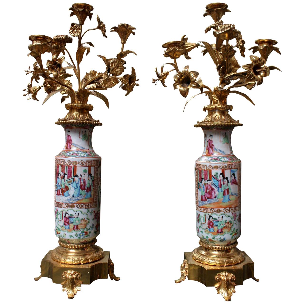 Pair of 19th Century Rose Mandarin Porcelains with French Bronze Mounts
