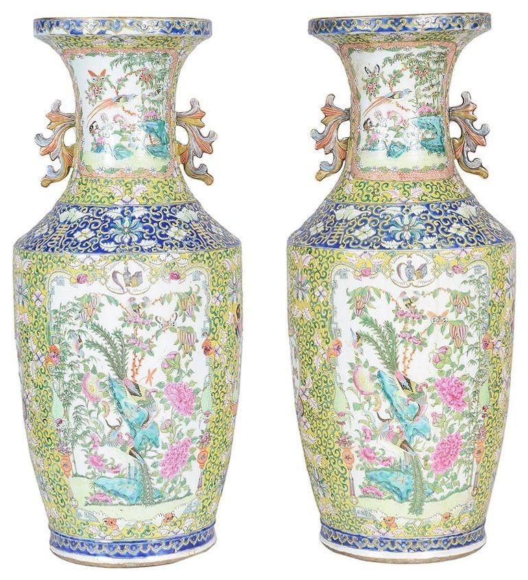 Chinese Pair of 19th Century Rose Medallion, Canton Vases / Lamps For Sale