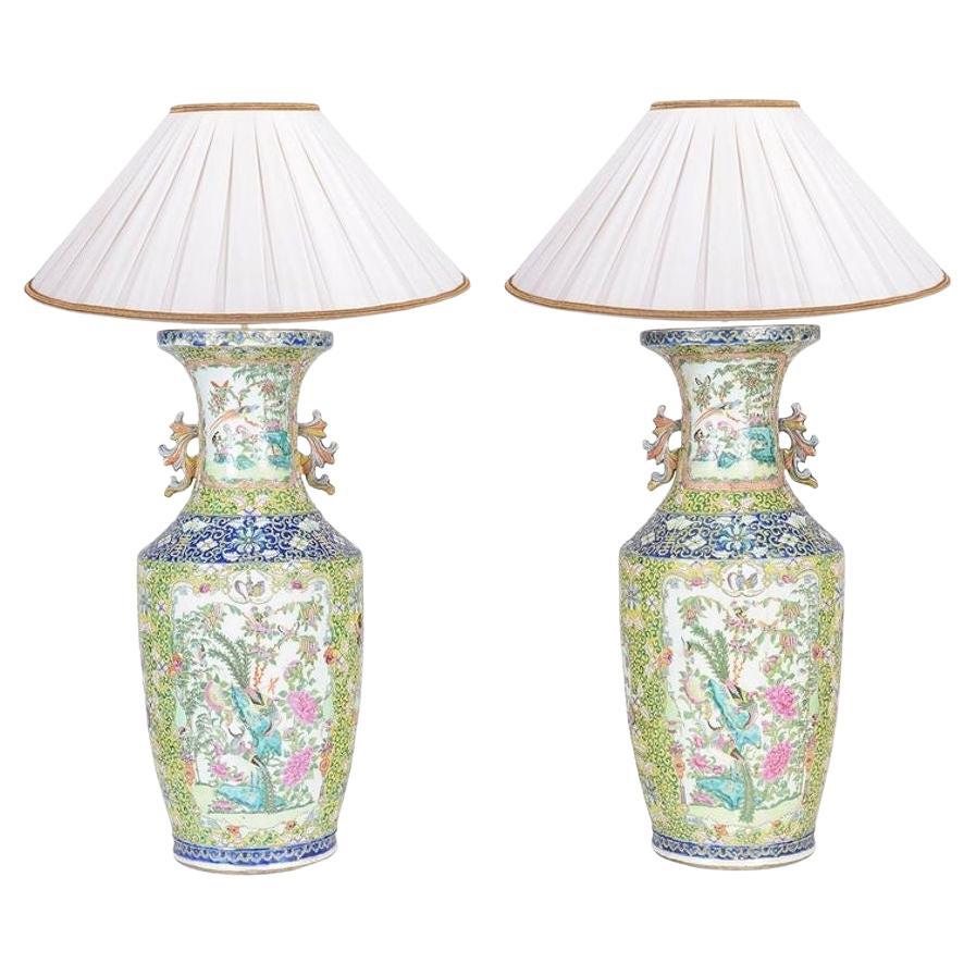 Pair of 19th Century Rose Medallion, Canton Vases / Lamps For Sale