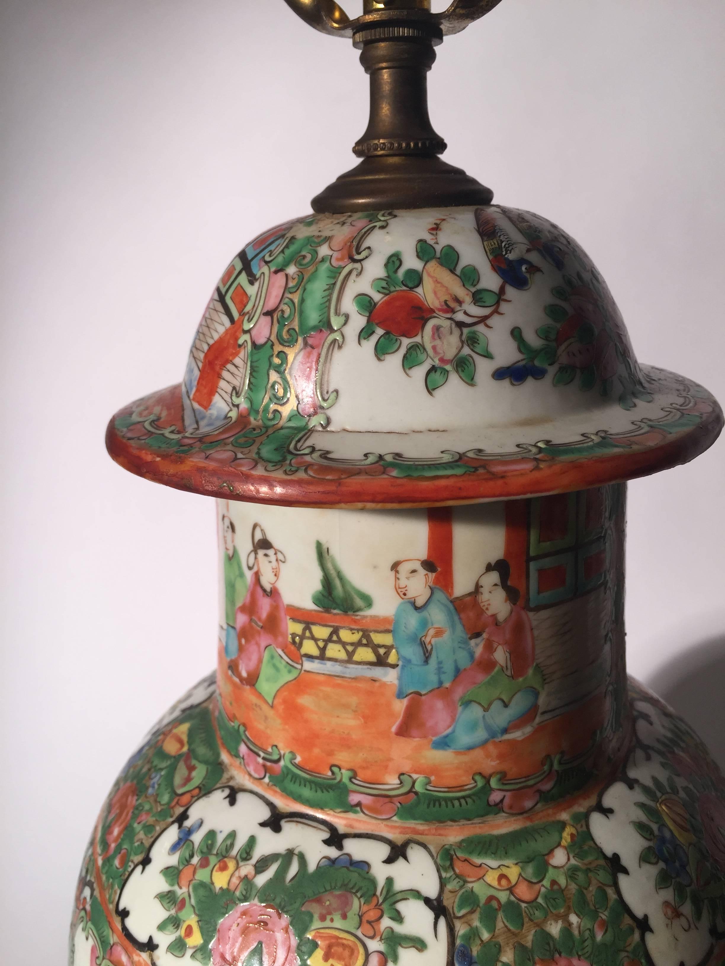 Chinese Export Pair of 19th Century Rose Medallion Chinese Porcelain Ginger Jars Now as Lamps