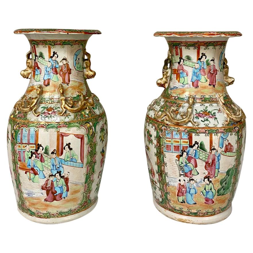 Pair of 19th Century Rose Medallion Porcelain Vases For Sale