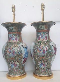 Pair of 19th century Rose medallion vases, converted to lamps