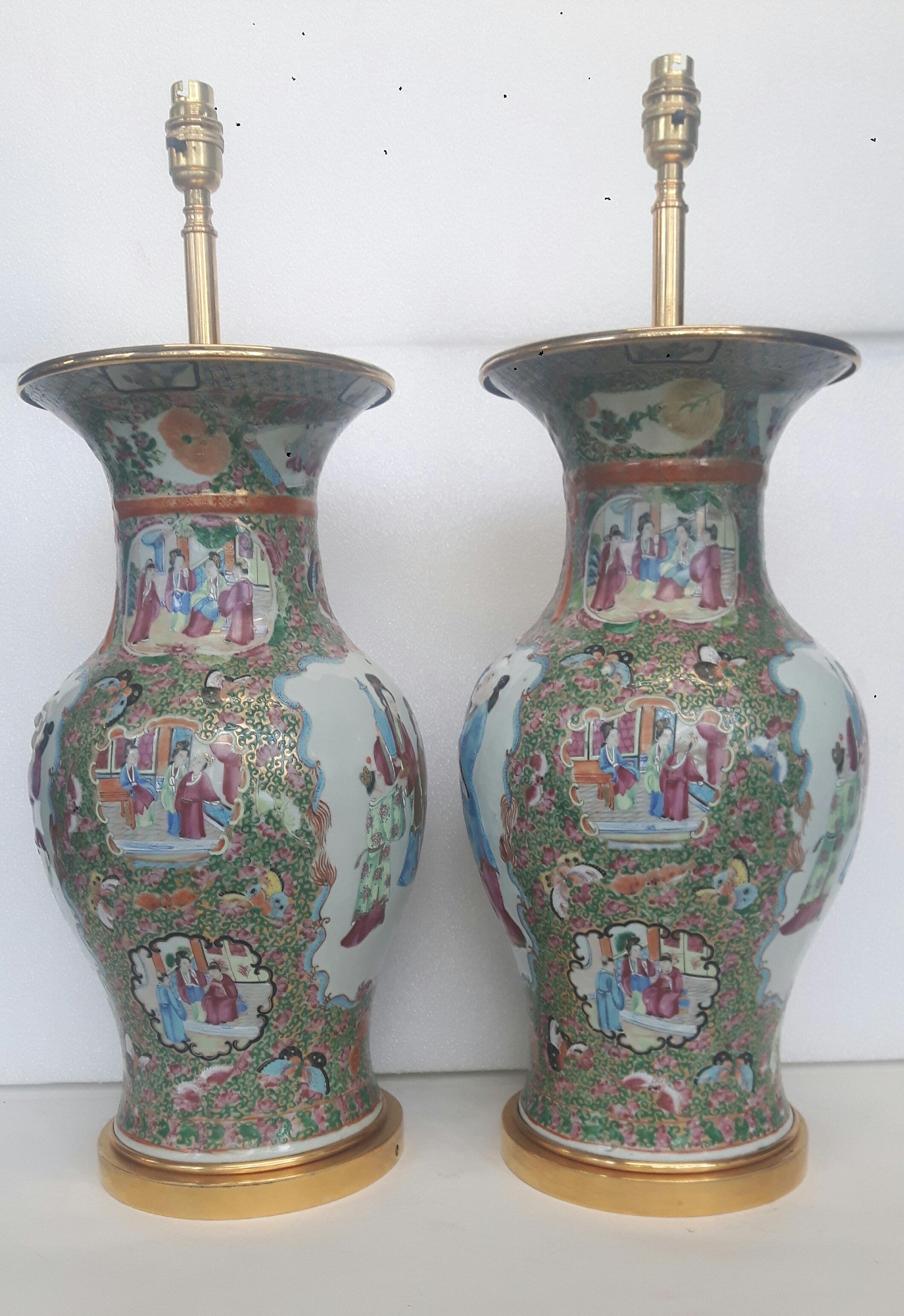Chinese Pair of 19th century Rose medallion vases, converted to lamps For Sale