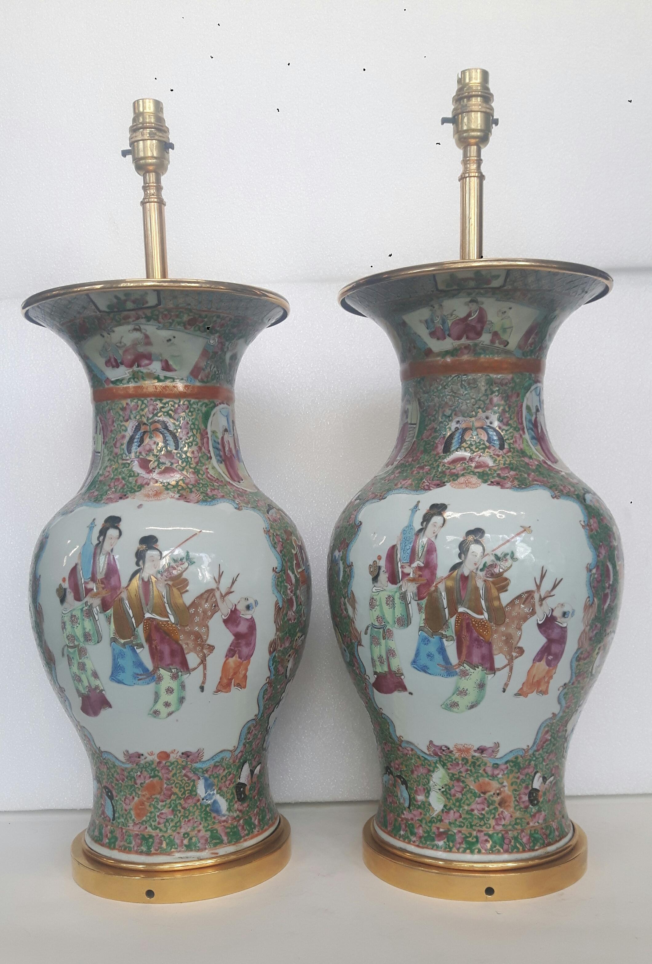 Glazed Pair of 19th century Rose medallion vases, converted to lamps For Sale